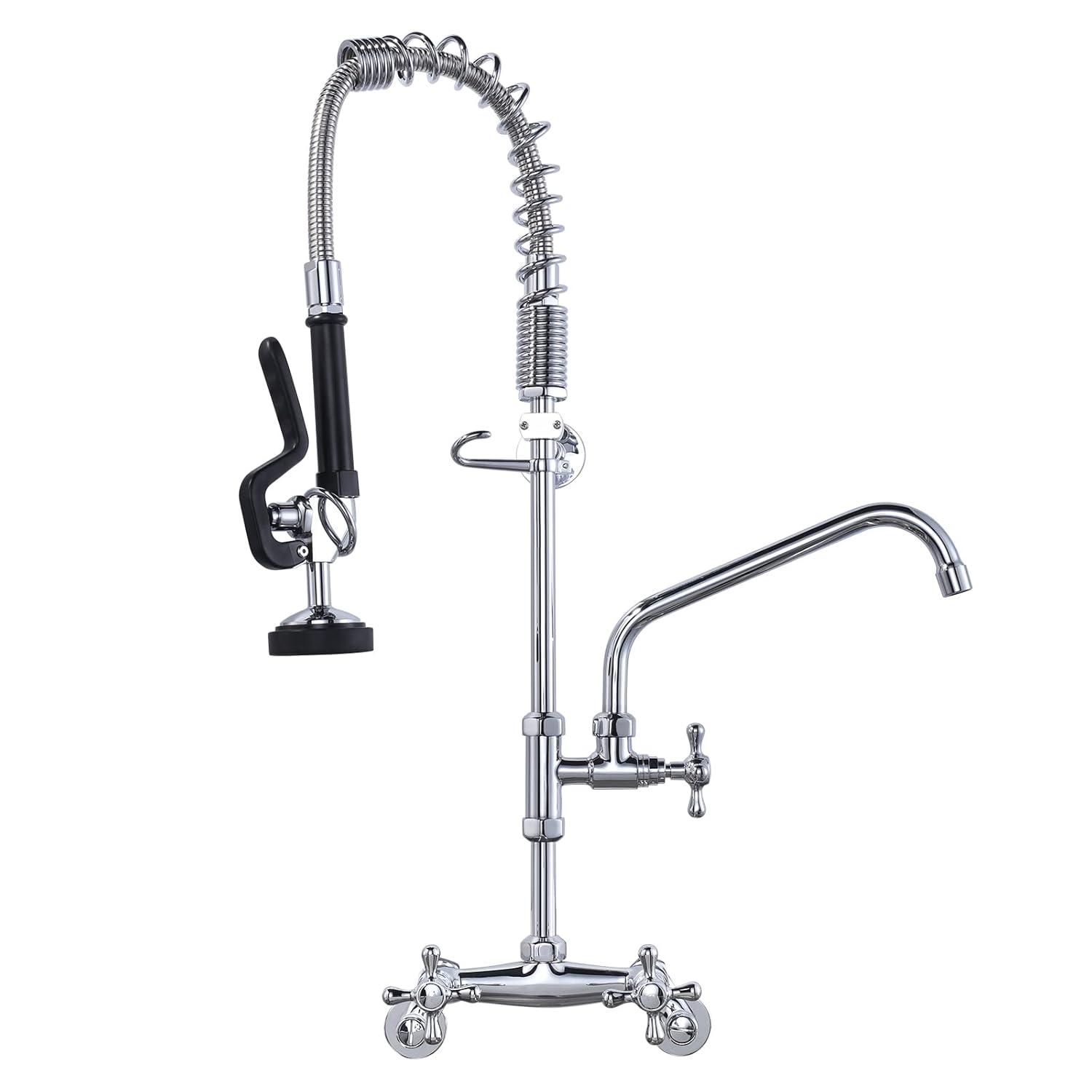26 in. Commercial 3-Handle Pull Down Kitchen Faucet Wall Mount with Pre Rinse Sprayer in Chrome