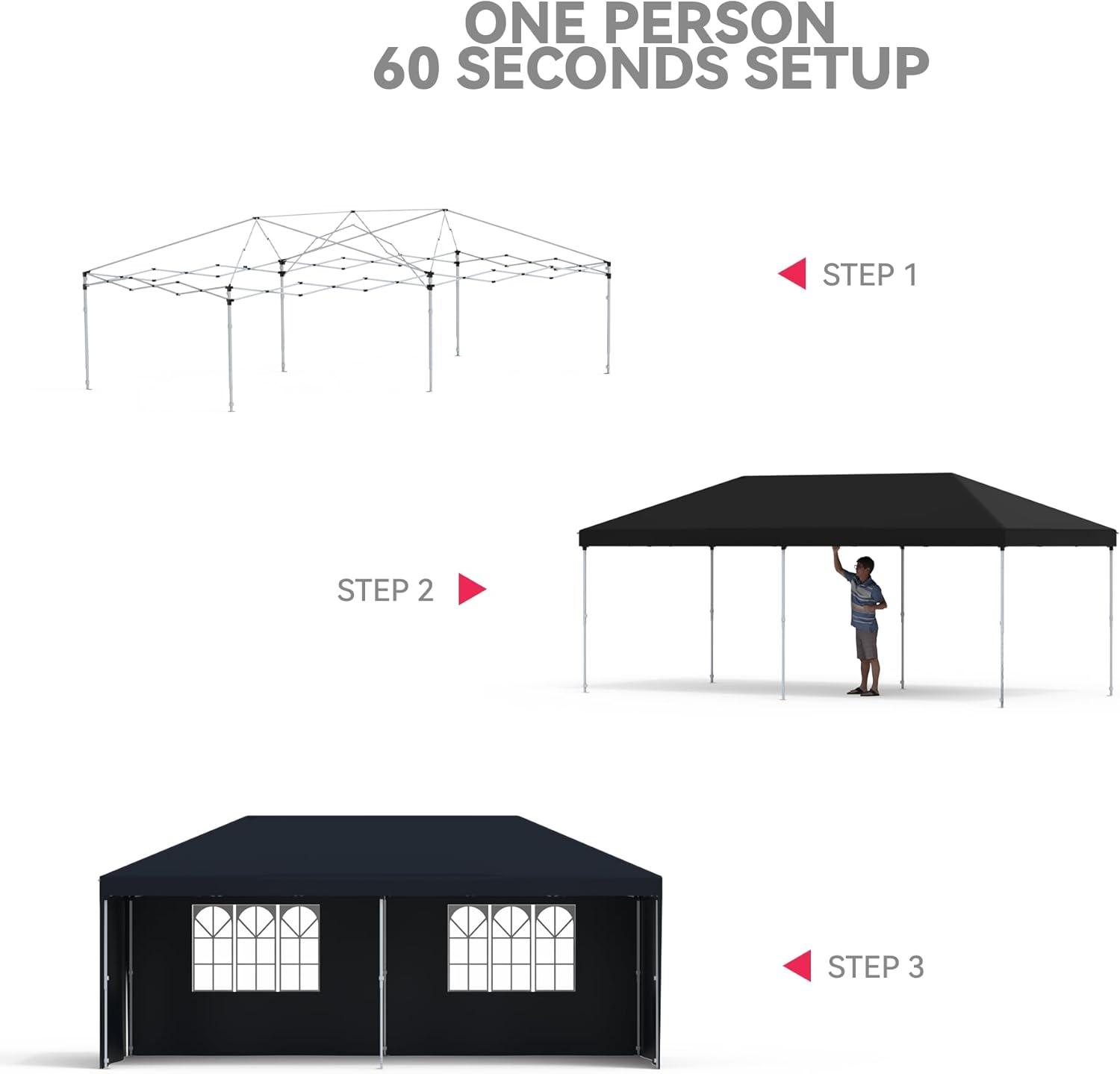 10X20ft Pop Up Canopy Tent - Spacious Standing Room, Quick And Easy Assembly, 4 Removable Sidewalls