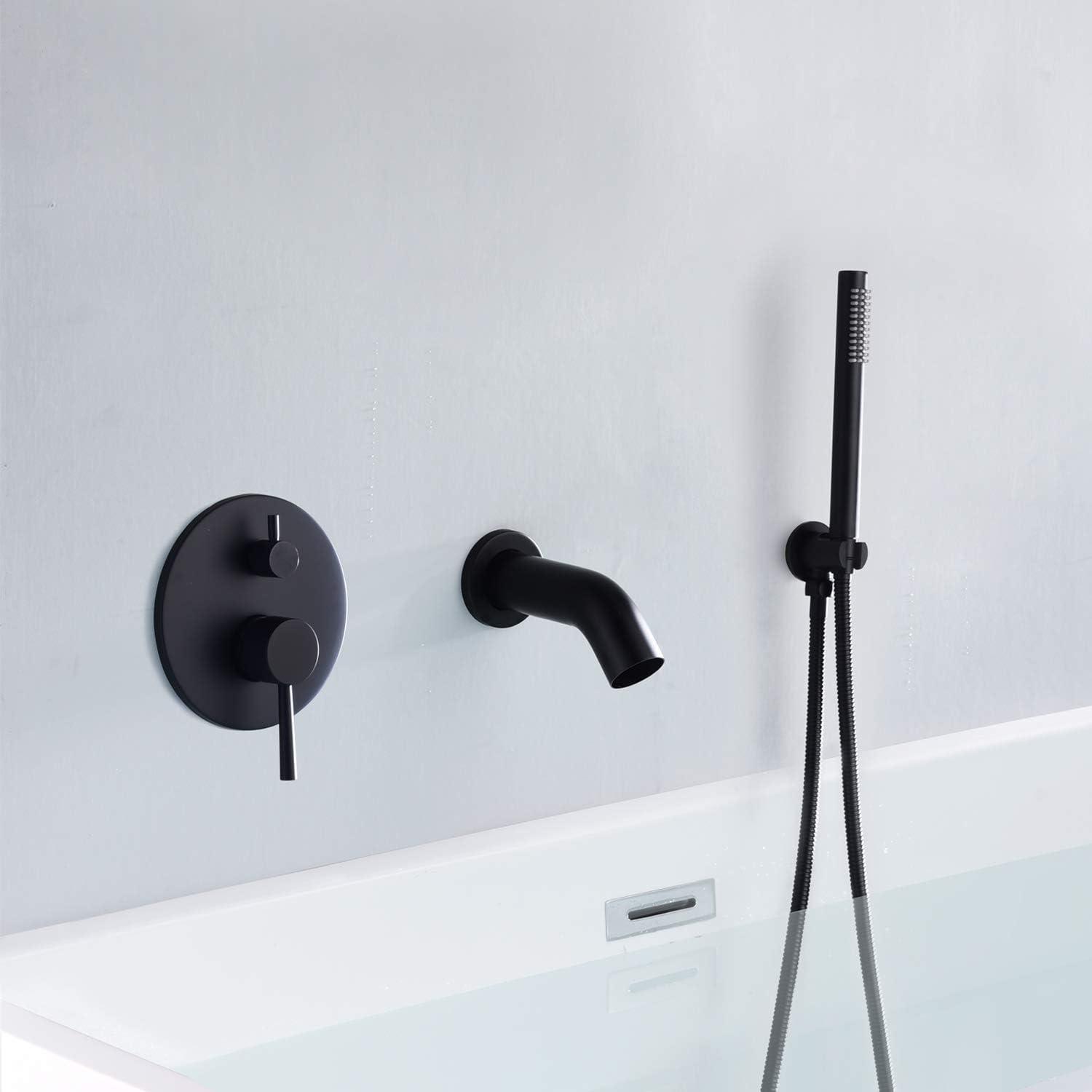 Sumerain Wall Mount Bathtub Faucet with Hand Shower, Matte Black Waterfall Tub Faucet, High Flow