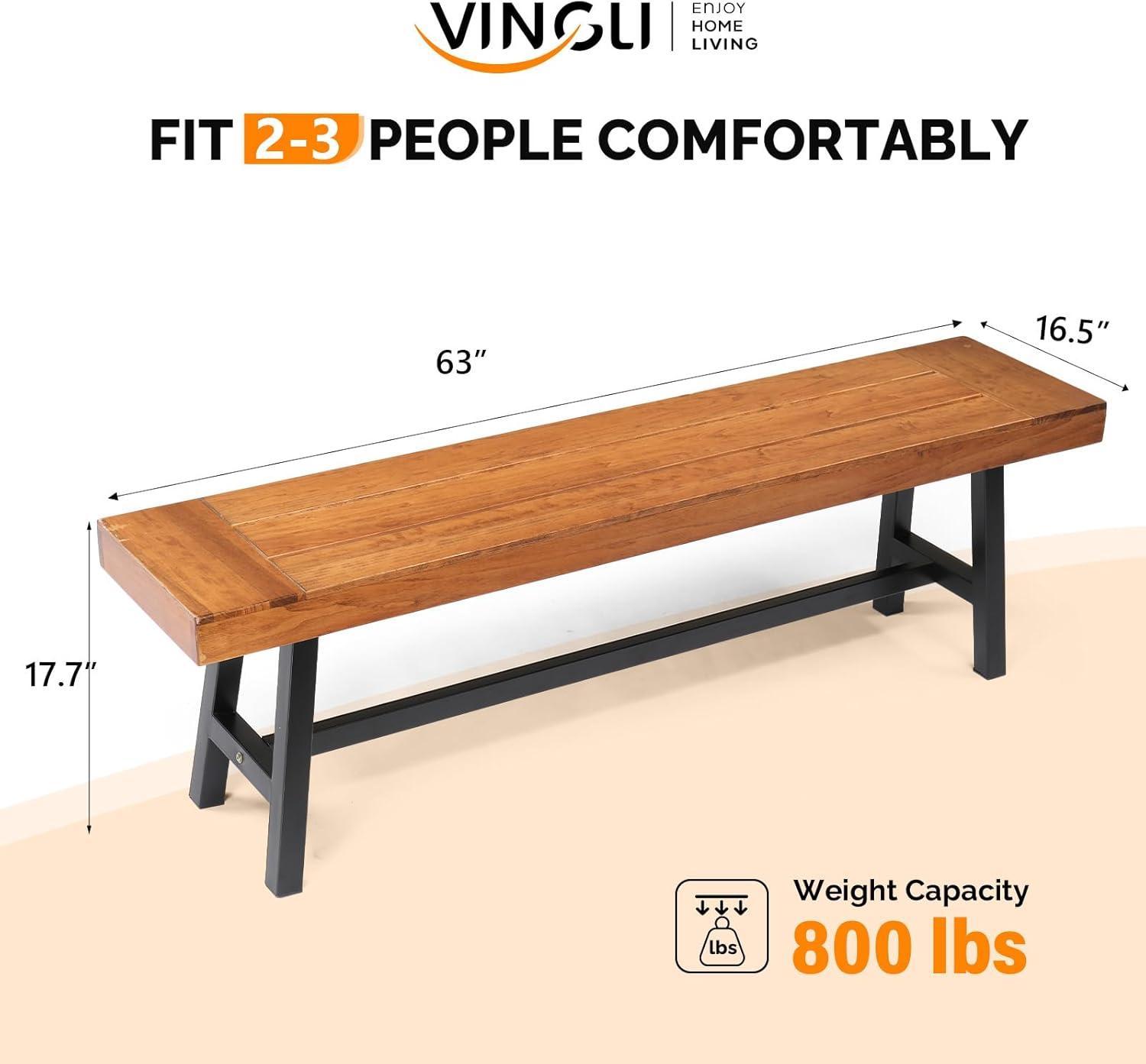 VINGLI Outdoor Bench with Metal Legs Rustic, Wood Dining Bench Indoor Outdoor Porch Benches for Yard Garden Dining (63in)