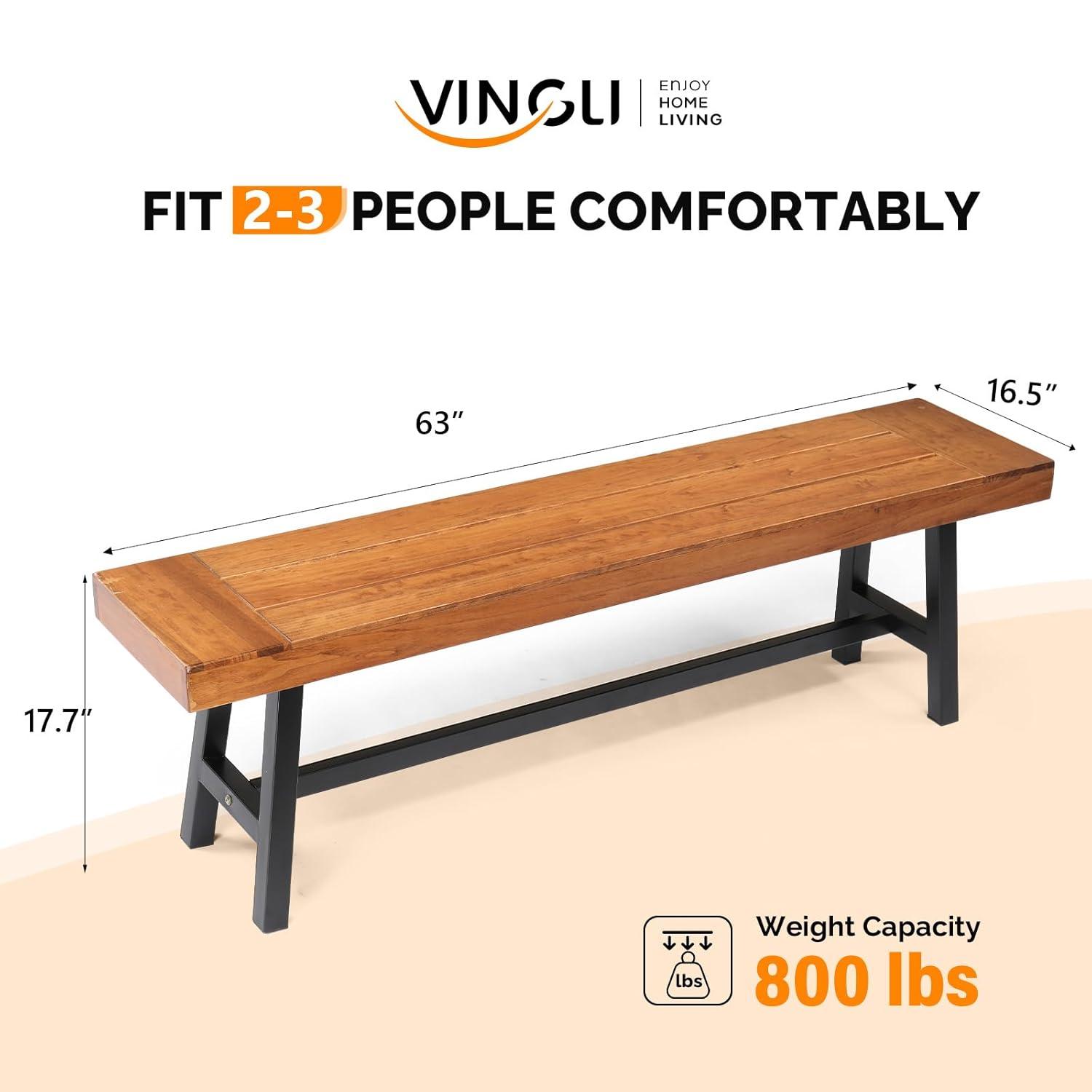 VINGLI Outdoor Bench with Metal Legs Rustic, Wood Dining Bench Indoor Outdoor Porch Benches for Yard Garden Dining (63in)