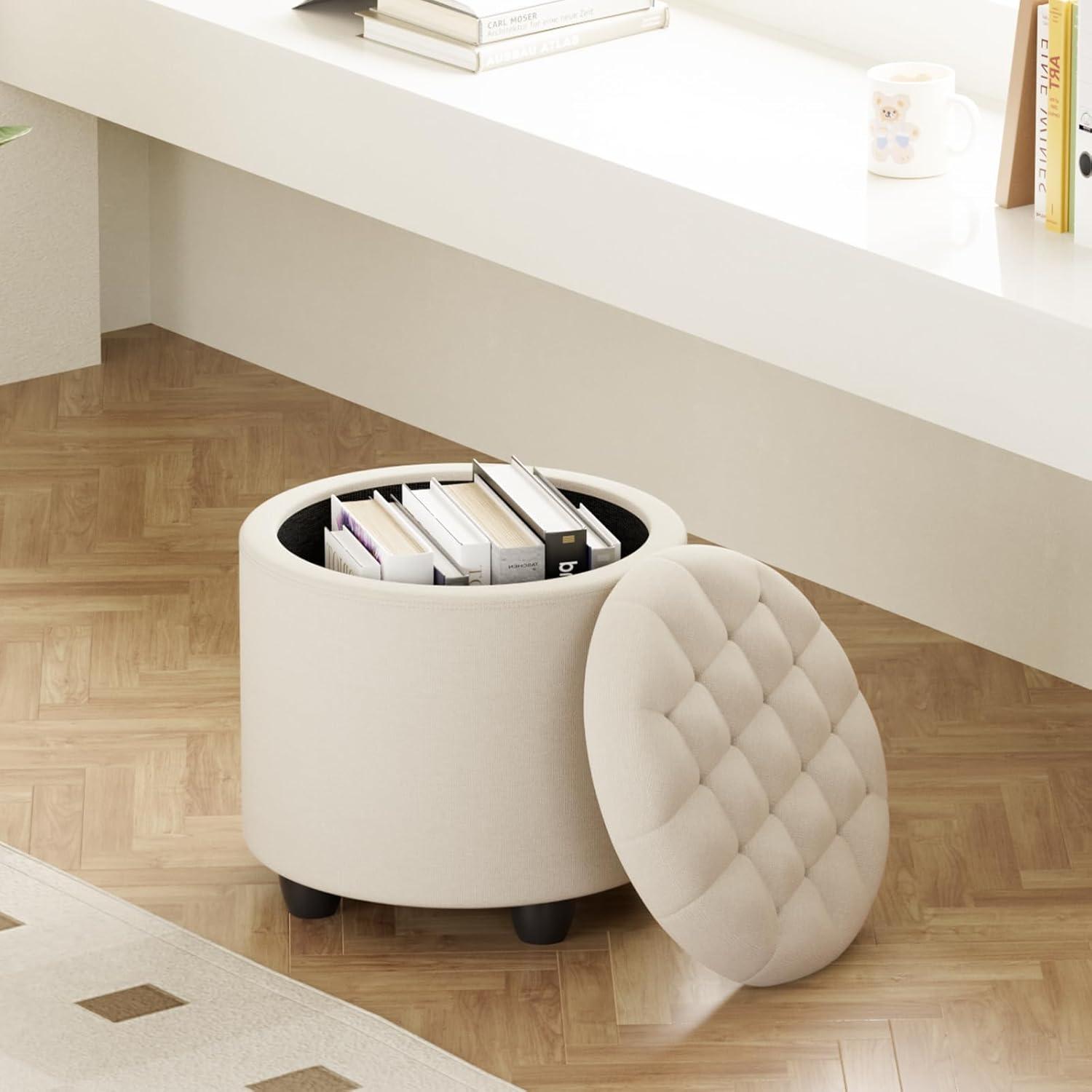 Beige Linen Tufted Round Storage Ottoman with Removable Lid