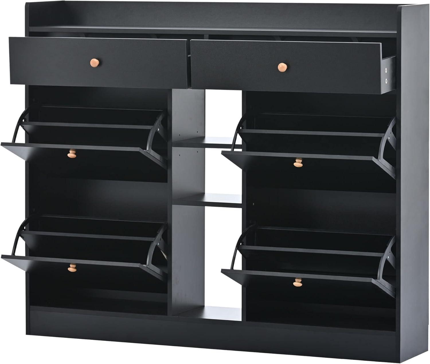 Modern Shoe Cabinet with 4 Flip Drawers, Multifunctional 2-Tier Shoe Storage Organizer with Drawers, Free Standing Shoe Rack for Entrance Hallway, Black.