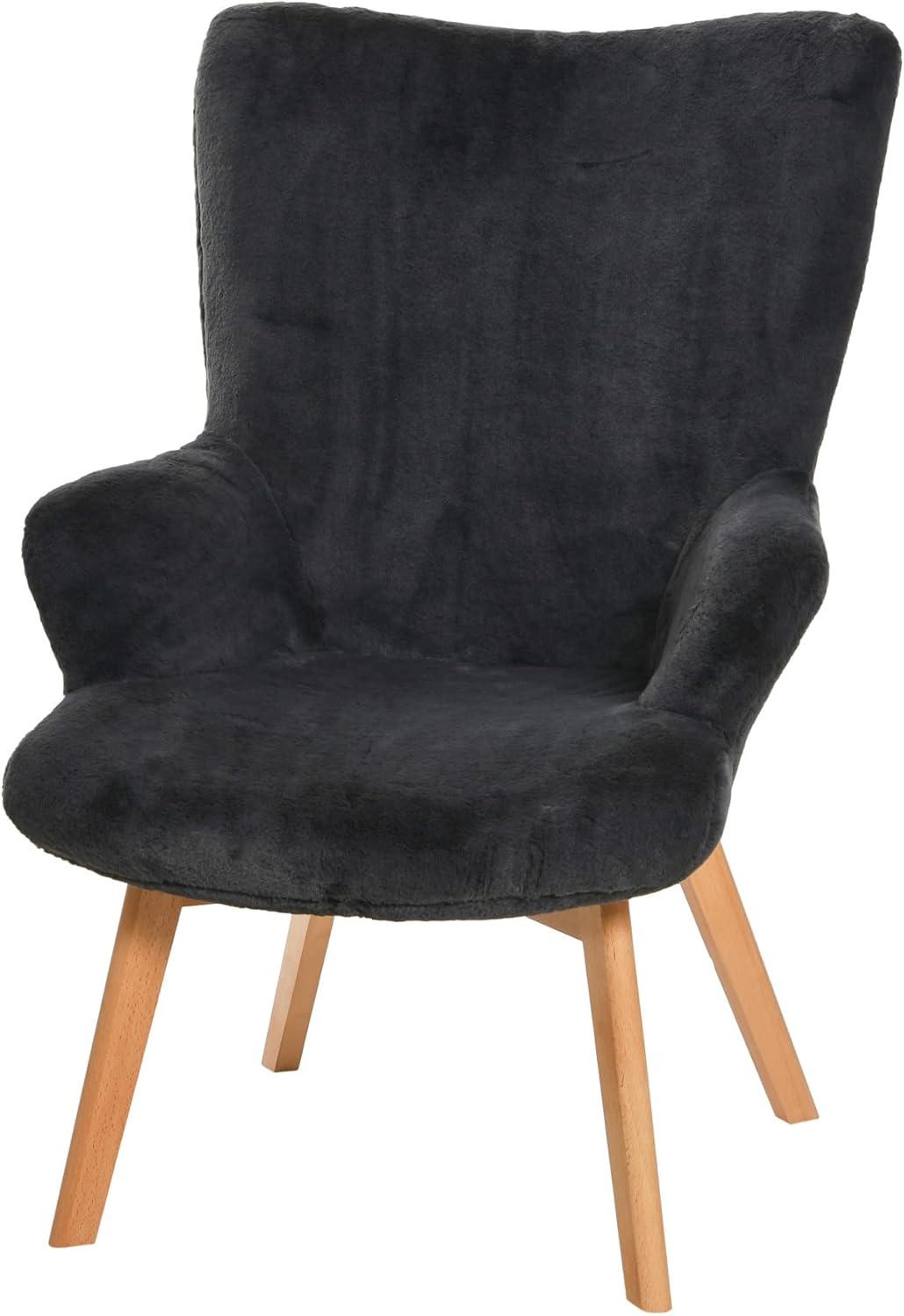 Storied Home Napster Fuzzy Plush Upholstery Wingback Arm Chair with Solid Wood Legs, Dark Grey and Natural