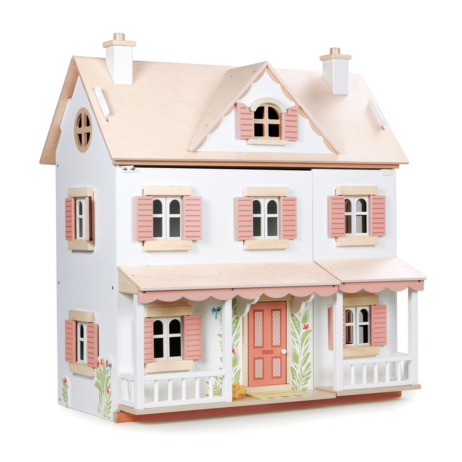 Large White and Pink Wooden Colonial Dollhouse Kit