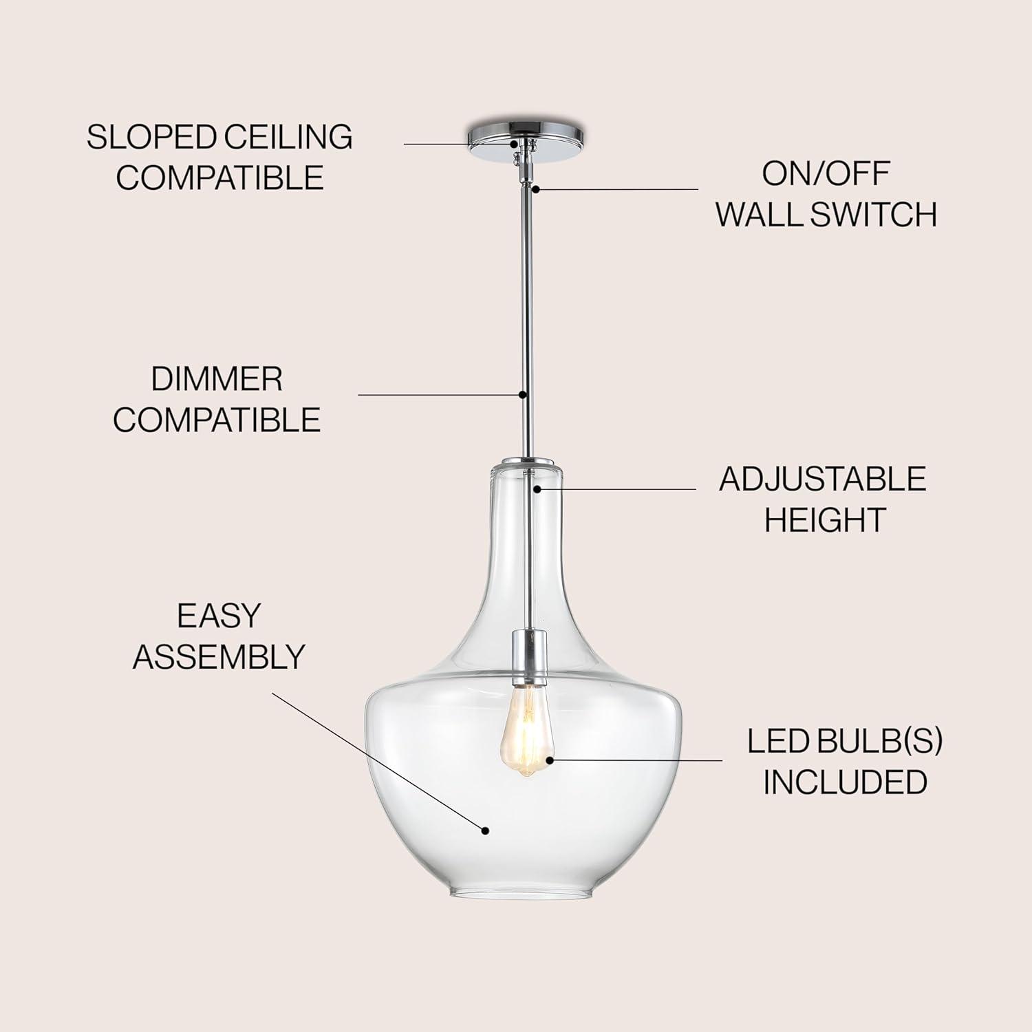 Watts 13.25" 1-Light Mid-Century Modern Iron/Glass LED Pendant, Chrome/Clear