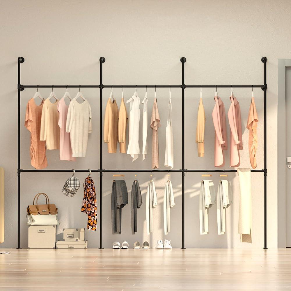 Industrial Pipe Clothes Rack Wall Mounted Clothing Rack,Heavy Duty Iron Pipe Garment Rods,Detachable Multi-Purpose Clothing Hanging Rod/Garment Bar, Black
