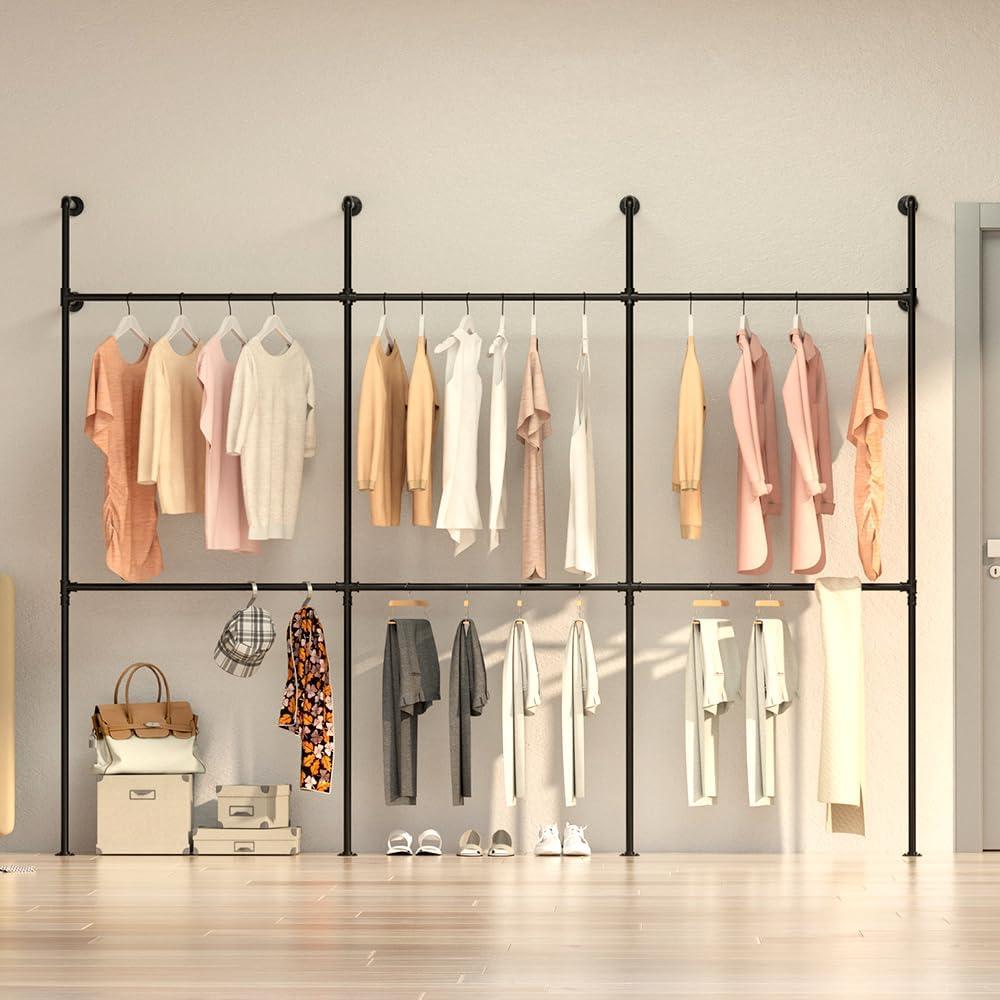 Industrial Pipe Clothes Rack Wall Mounted Clothing Rack,Heavy Duty Iron Pipe Garment Rods,Detachable Multi-Purpose Clothing Hanging Rod/Garment Bar, Black