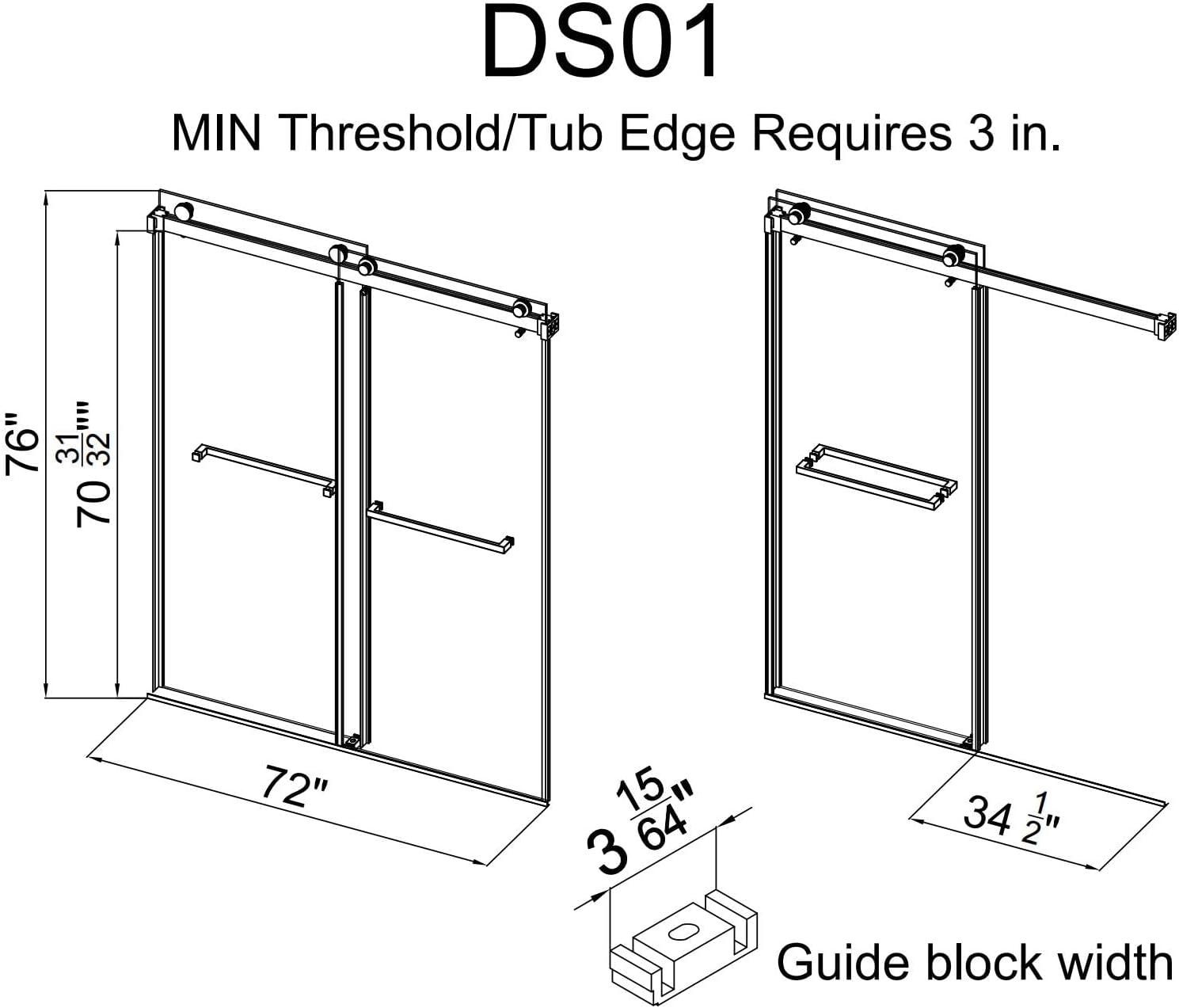 MCOCOD DS01H-7276-BR 72" W x 76" H x 2/5" THK Tempered Glass Double Smooth Sliding Frameless Shower Door with Towel Bar Handle & Knob & Anti-Collision Function