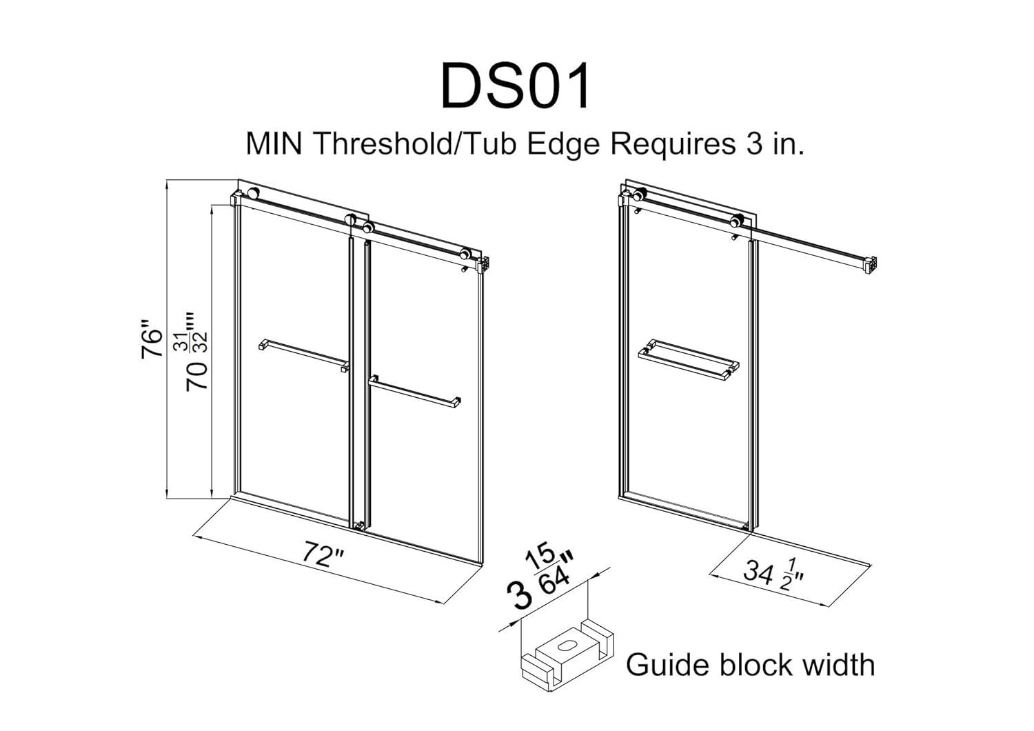 MCOCOD DS01H-7276-BR 72" W x 76" H x 2/5" THK Tempered Glass Double Smooth Sliding Frameless Shower Door with Towel Bar Handle & Knob & Anti-Collision Function
