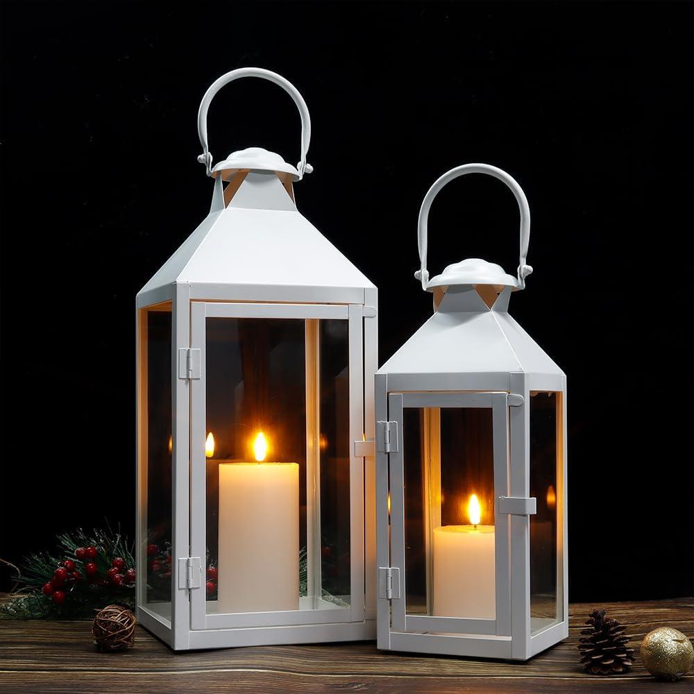 White Metal and Glass Tabletop Hanging Candle Lantern Set