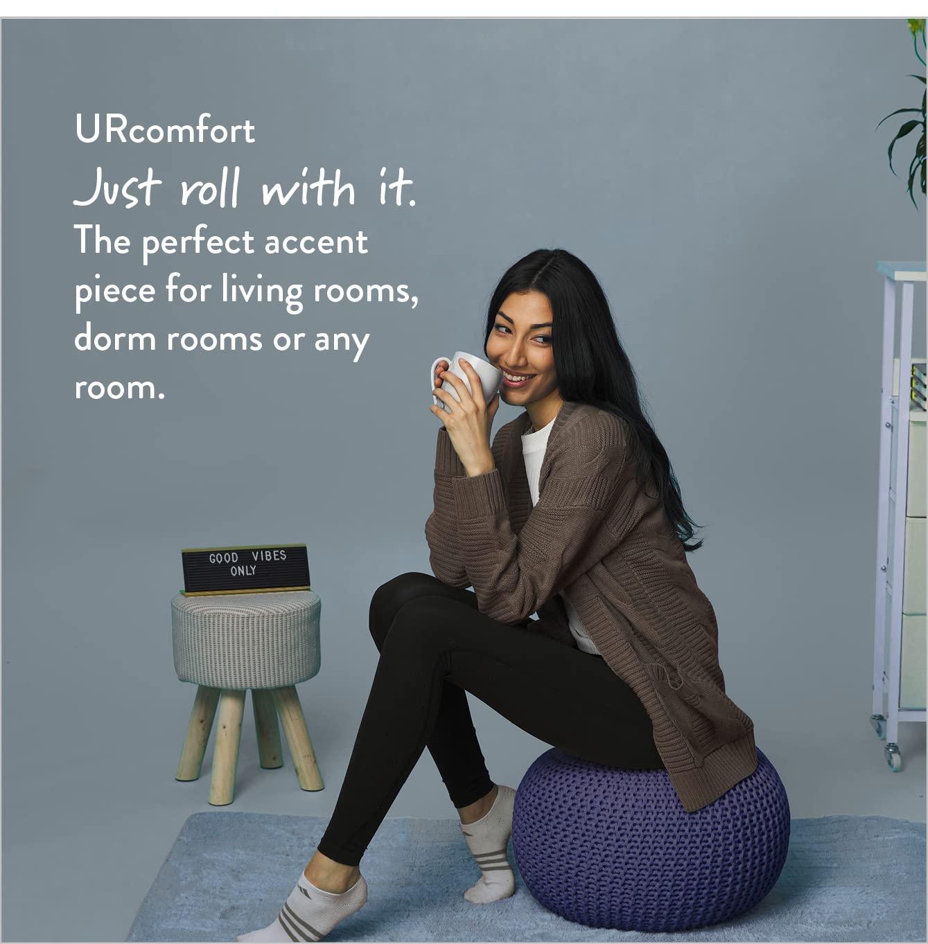 Urban Shop Round Solid Print Polyester Pouf, Blue