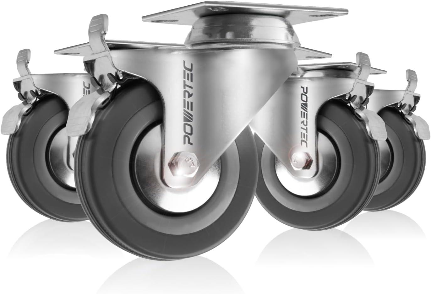 POWERTEC 4PK 3 Inch Heavy Duty Dual Locking Swivel Plate Caster Wheels with 640 lbs Total Loads, Industrial Castor Wheels for Workbench, Dolly, Cart & Furniture (17023-P4)