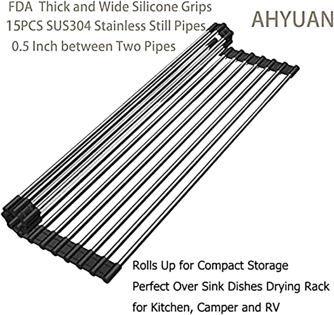 Ahyuan Roll up Dish Drying Rack Over The Sink Kitchen Roll up Sink Drying Rack Portable Dish Drainer Foldable Dish Drying Rack (Black, 17.8''X3.7'')