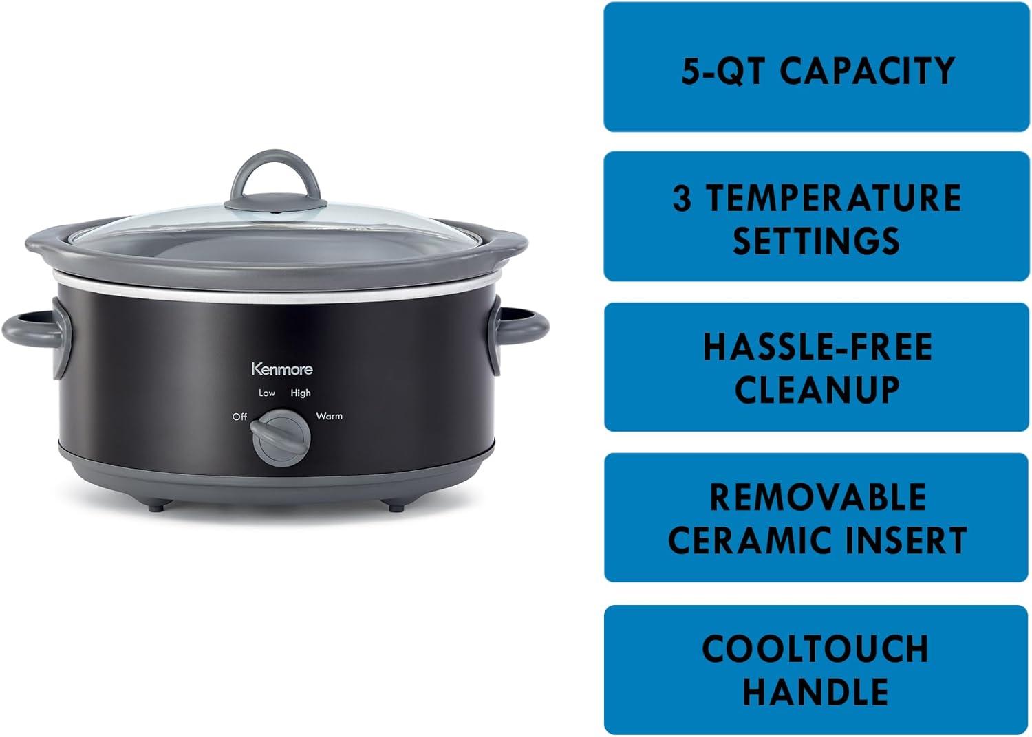 Kenmore Slow Cooker, 5 qt (4.7L), Easy to Use, Dial Control, Black