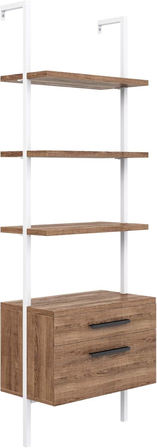 Nathan James Theo Open Shelf Bookcase with Drawers in Rustic Oak Wood and White Steel Frame