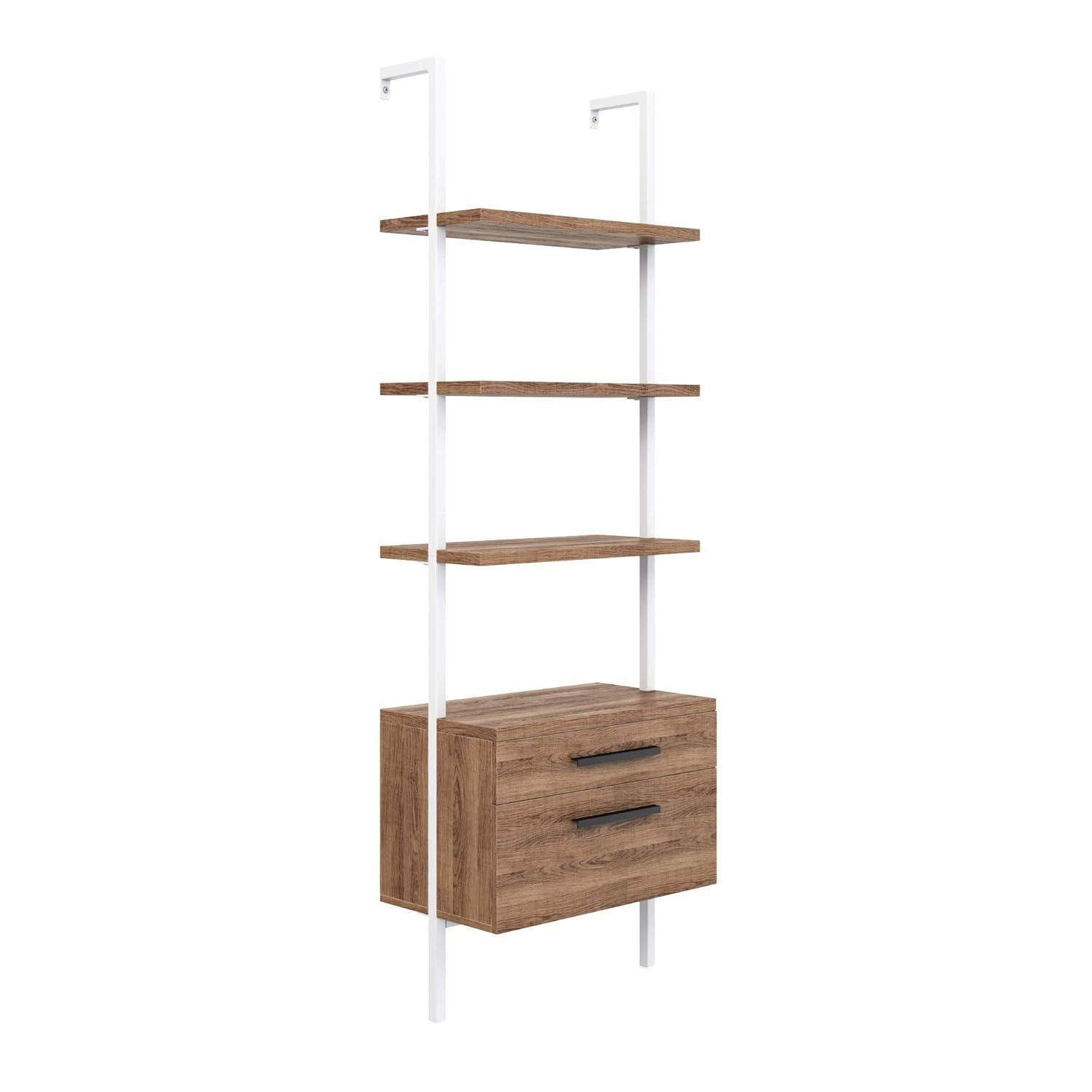 Nathan James Theo Open Shelf Bookcase with Drawers in Rustic Oak Wood and White Steel Frame