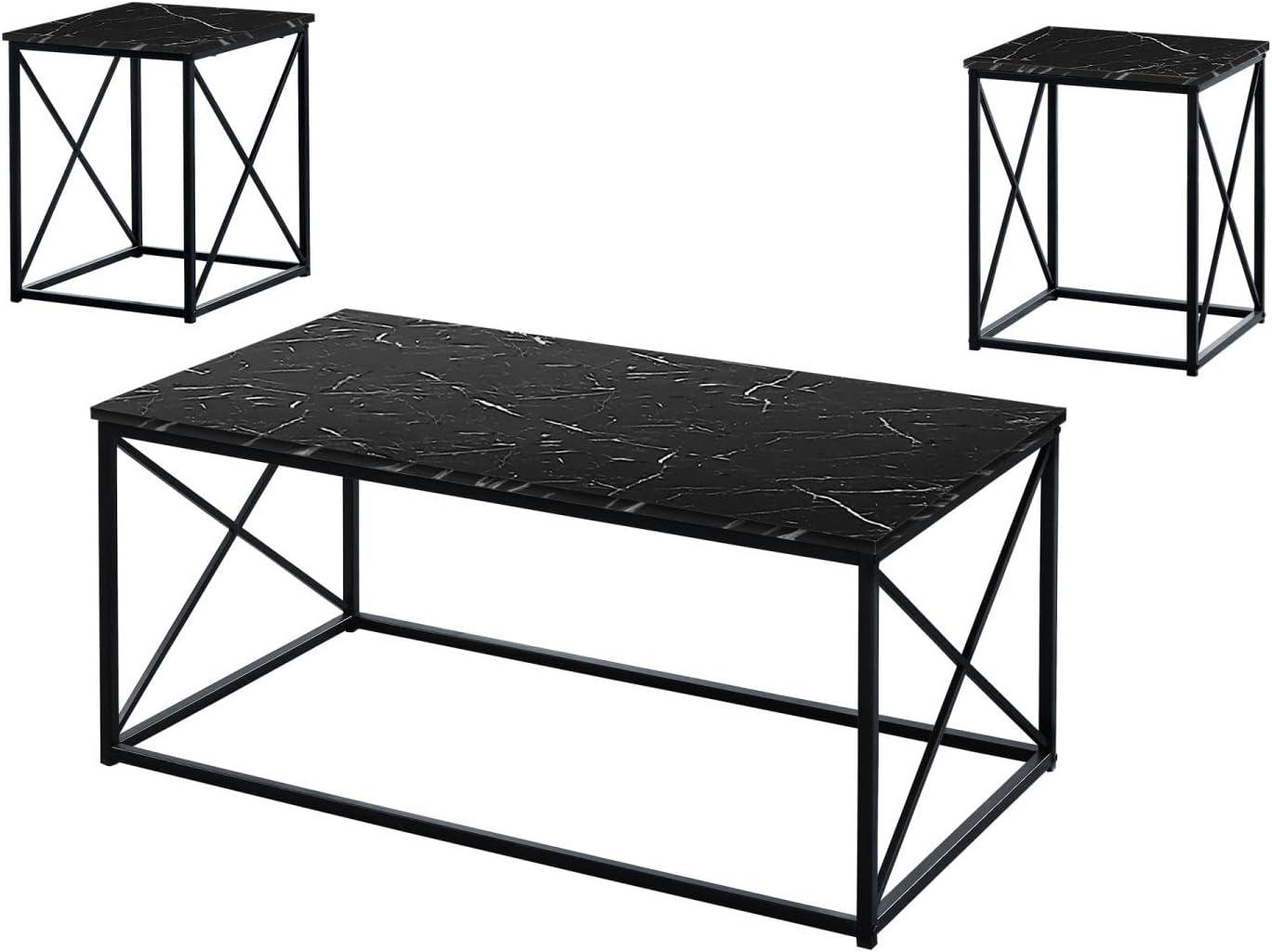 Monarch Specialties Table Set 3Pcs Set Coffee End Side Accent Living Room Metal Laminate Black Marble Look Contemporary Modern