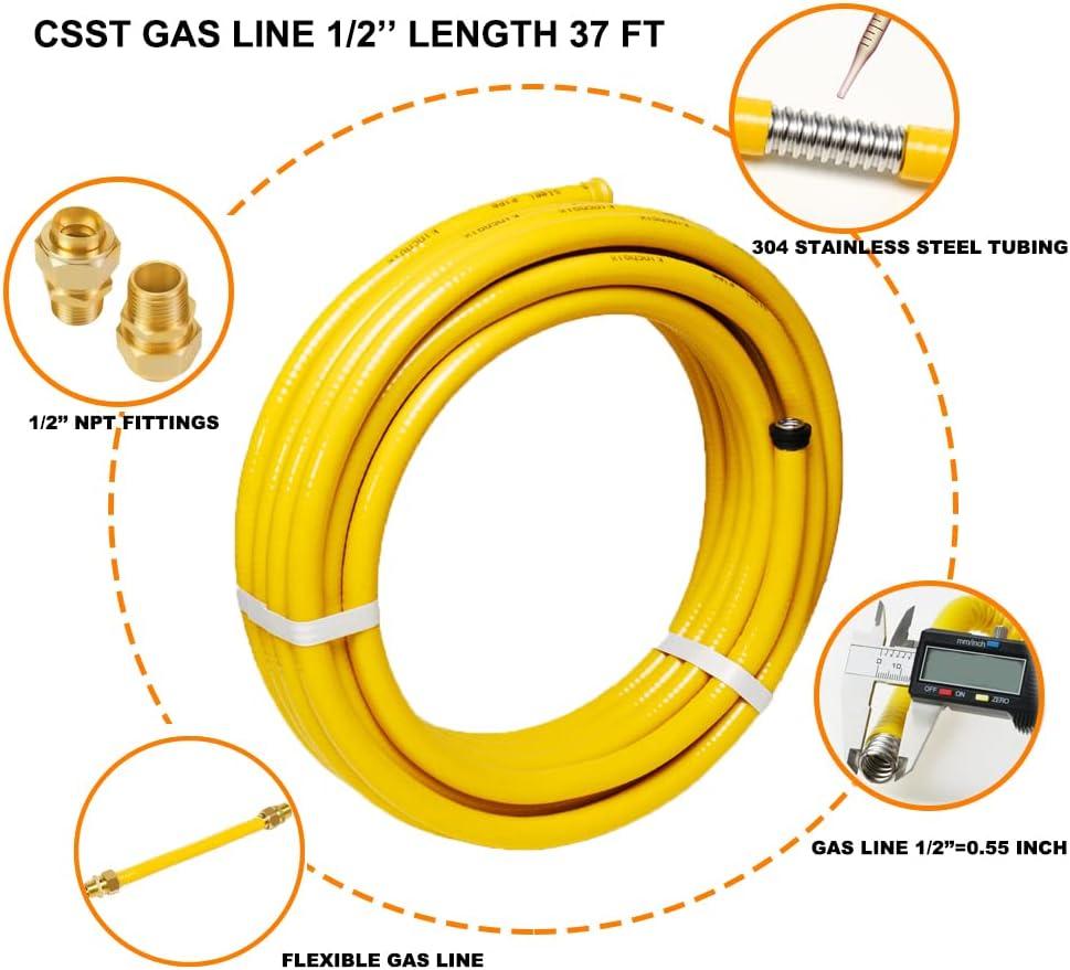 CSST Corrugated Stainless Steel Tubing 37 Ft 1/2" Flexible Natural Gas Line Pipe Propane Conversion Kit Grill Hose with Male Adapter Fittings