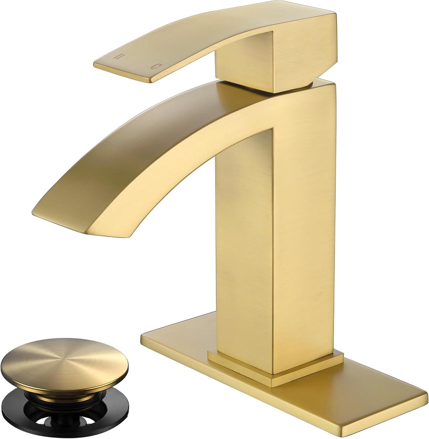 Brushed Gold Brass Single Handle Bathroom Faucet with Deck Plate