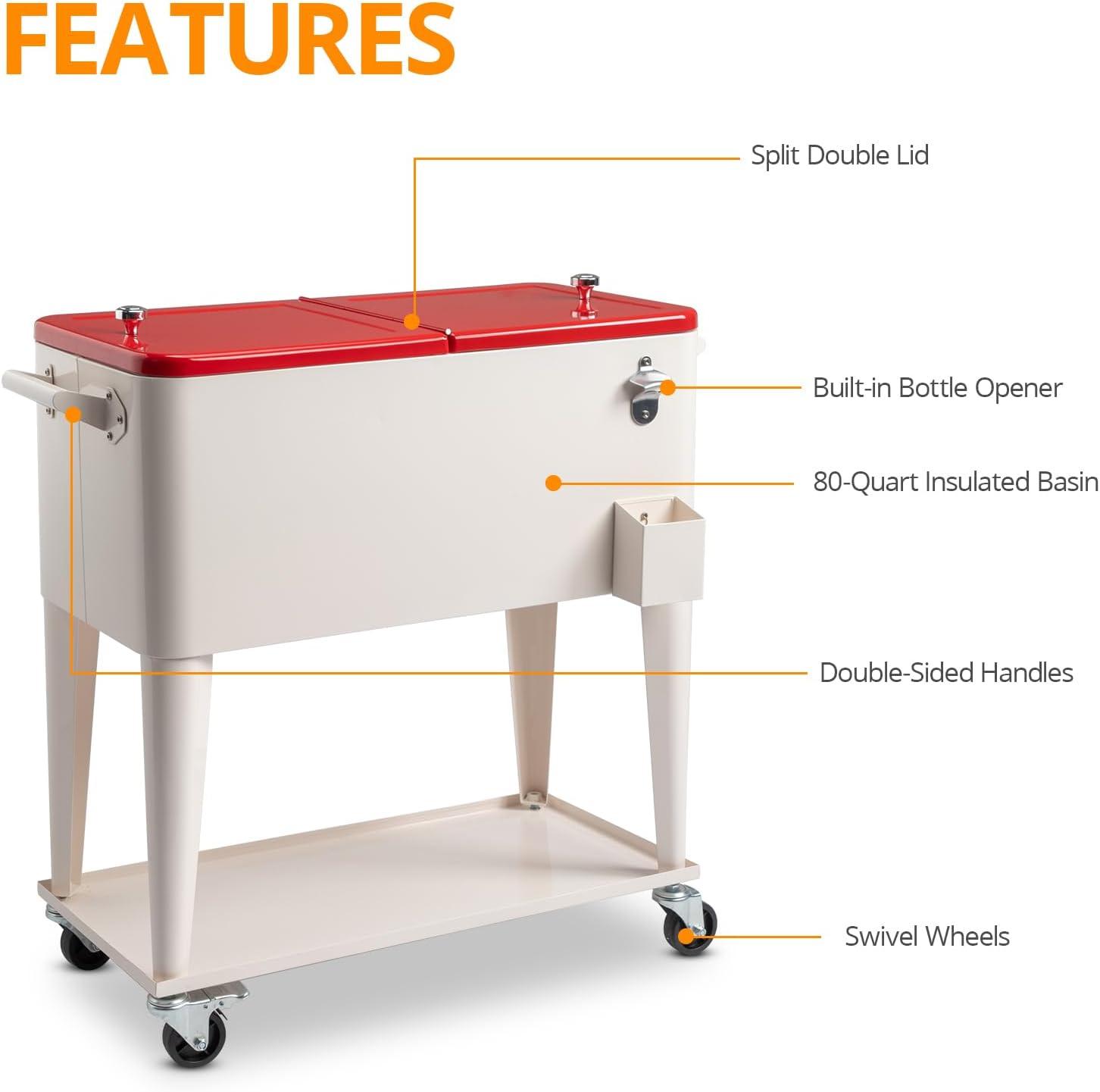 80QT Rolling Cooler Cart with Lockable Wheels, Portable Beverage Bar, Stand-Up Cooler Trolley with Open Shelf and Drainage Cap for Outdoor Activity - Includes Bottle Opener & Bottle Cap Catcher, Red