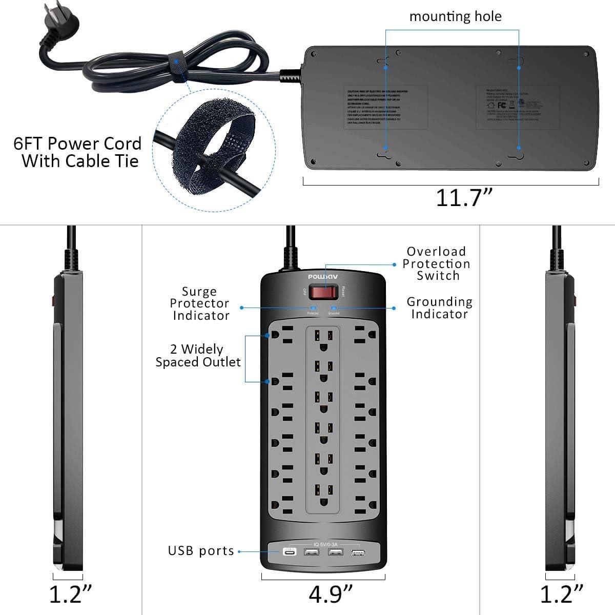 Heavy Duty Black 18-Outlet Surge Protector Power Strip with USB Ports