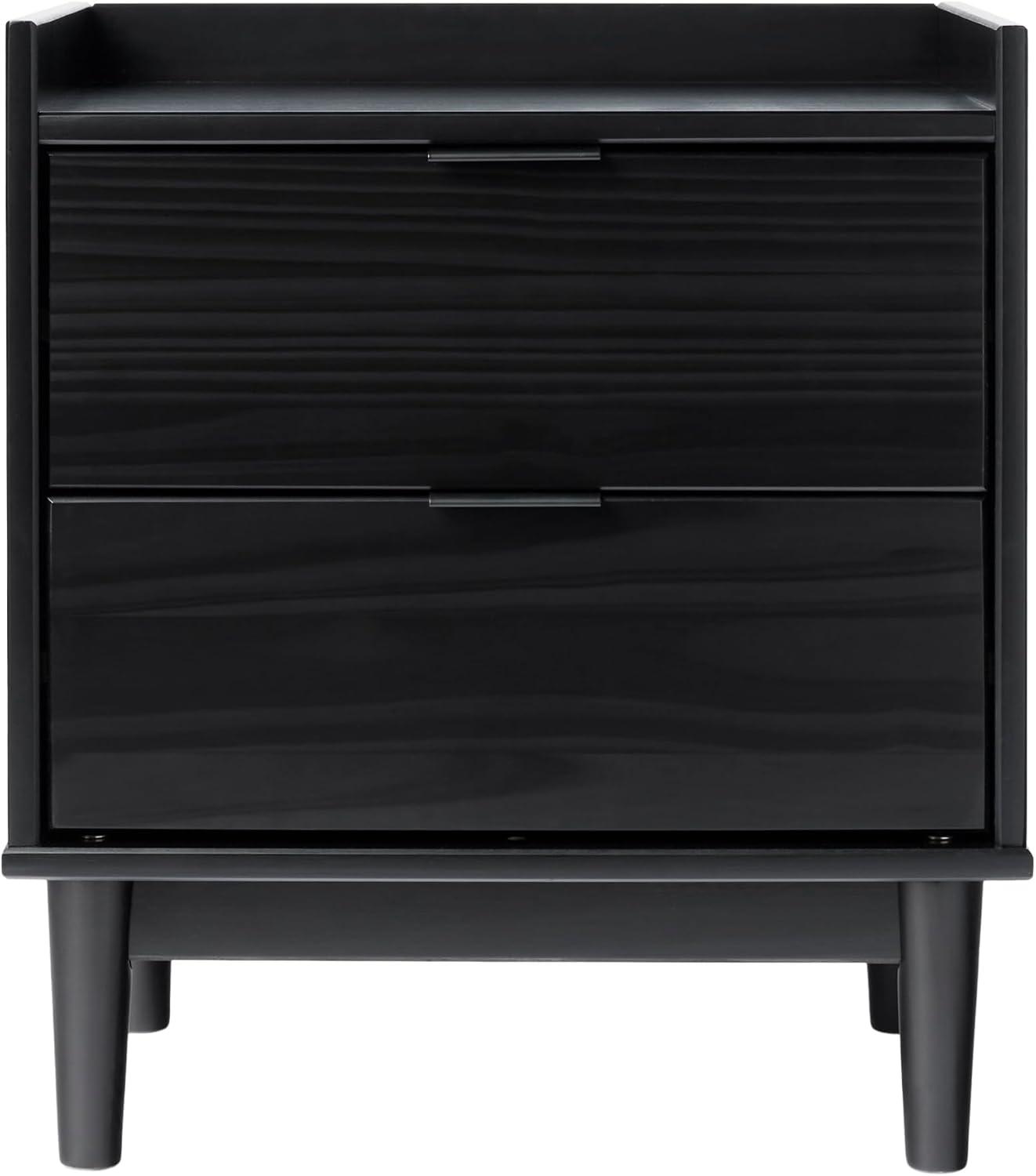 Mid-Century Modern Solid Pine 2-Drawer Nightstand, 20 Inch, Black