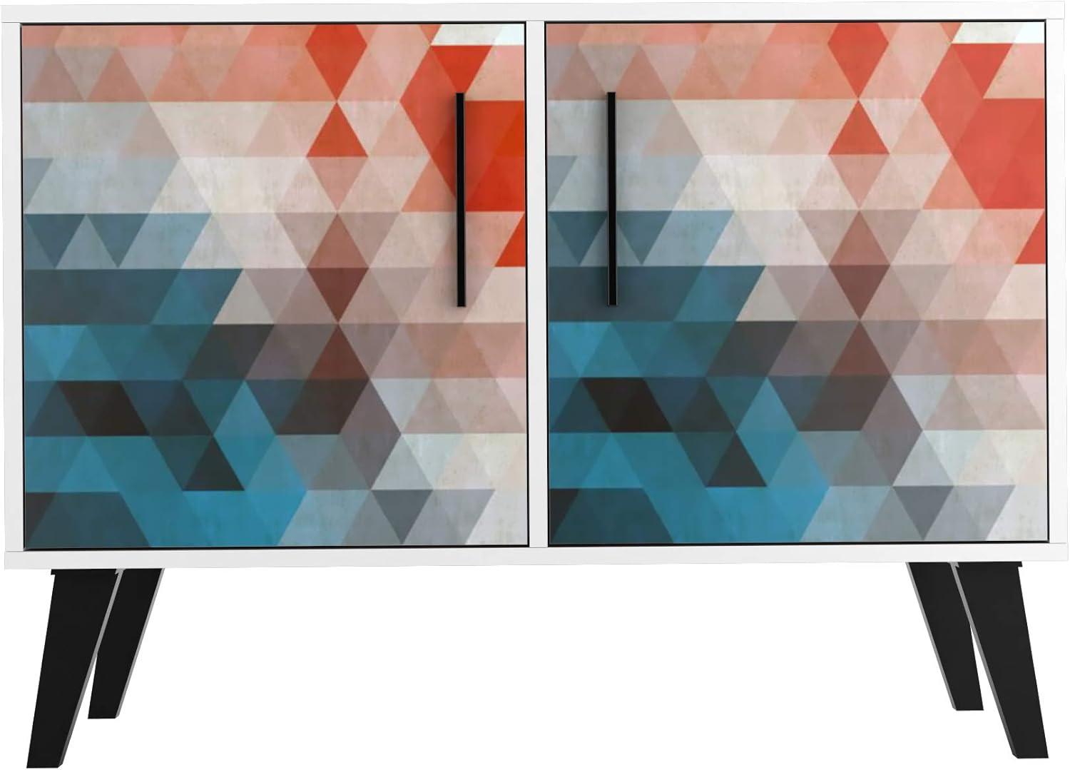 Manhattan Comfort Mid-Century- Modern Amsterdam Double Side Table 2.0 with 3 Shelves in Multi Color Red and Blue