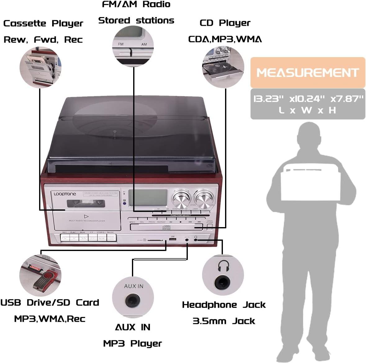 Record Player 9 in 1 3 Speed Bluetooth Vintage Turntable CD Cassette Vinyl Player AM/FM Radio USB/SD Encoding Aux-in RCA Line-Out (Silver)