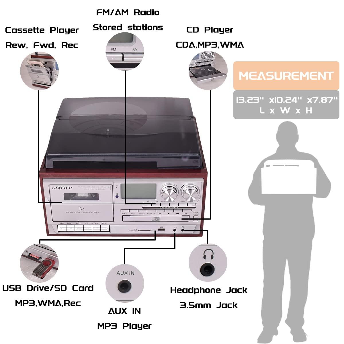 Record Player 9 in 1 3 Speed Bluetooth Vintage Turntable CD Cassette Vinyl Player AM/FM Radio USB/SD Encoding Aux-in RCA Line-Out (Silver)
