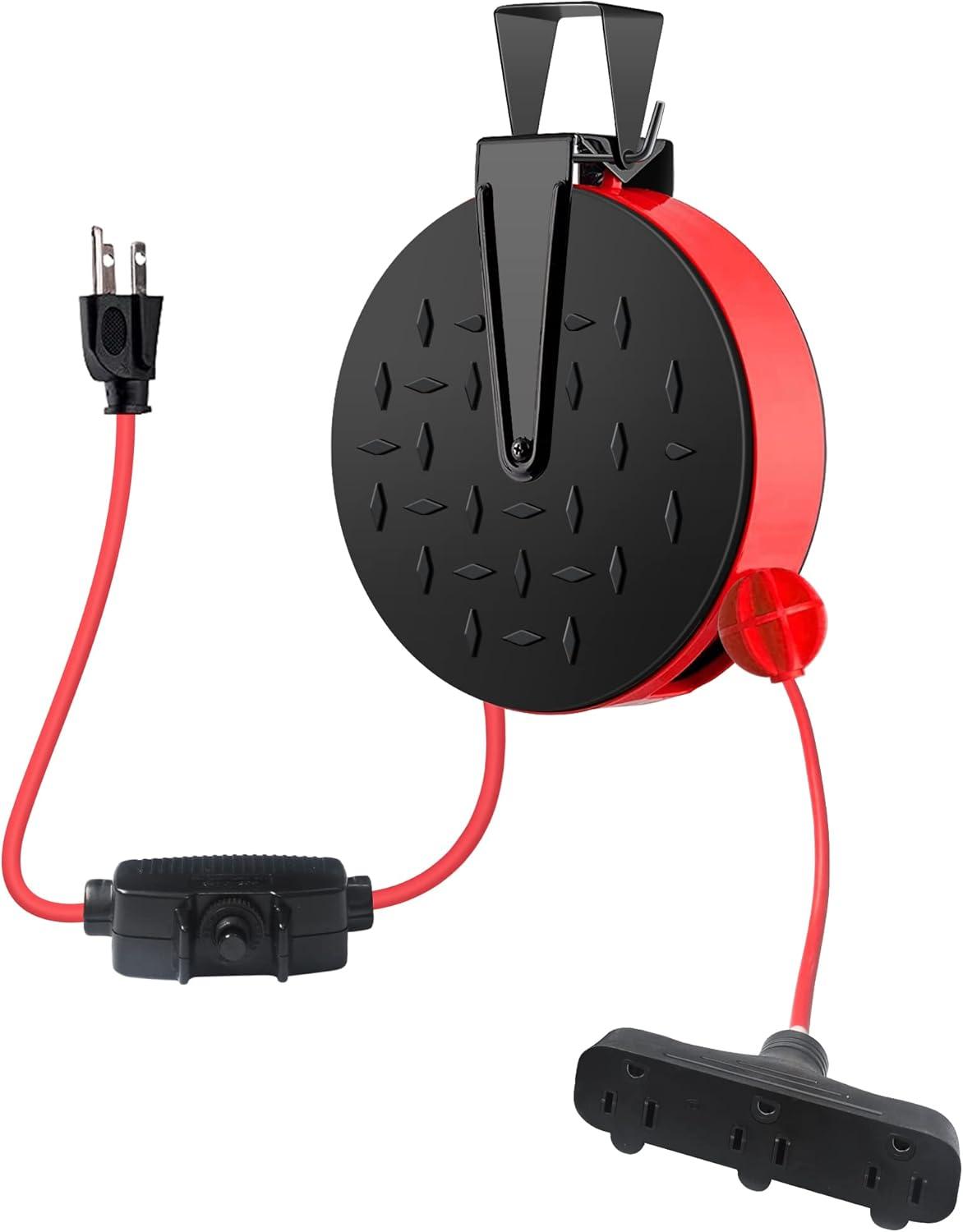 30 Ft Black and Red Retractable Extension Cord Reel with 3 Outlets