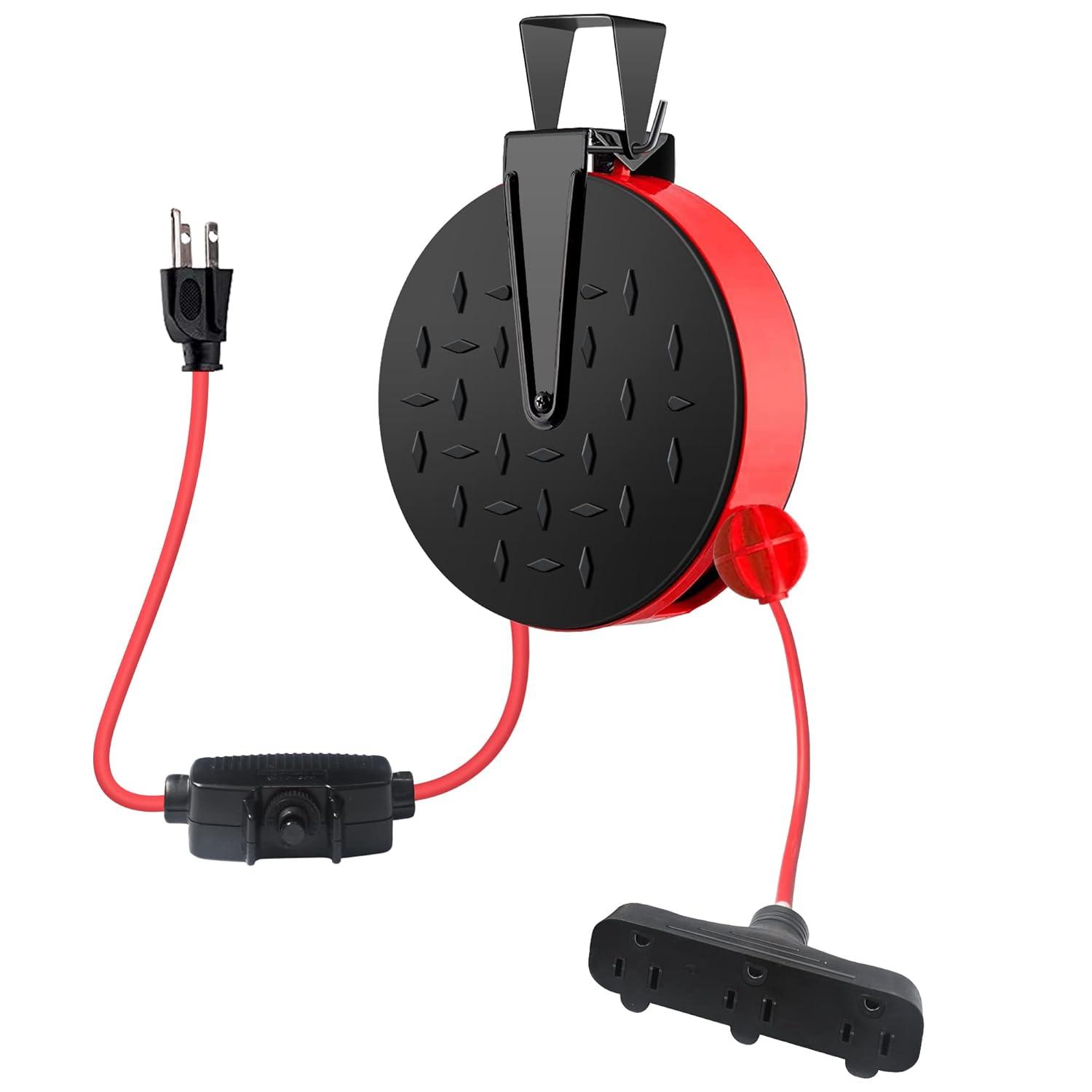 EP 30 Ft Retractable Extension Cord Reel, 16/3 SJTW Power Cord with 3 Electrical Outlets, Ceiling or Wall Mount, 10 Amp Circuit Breaker, Metal Plate, UL Listed, Red