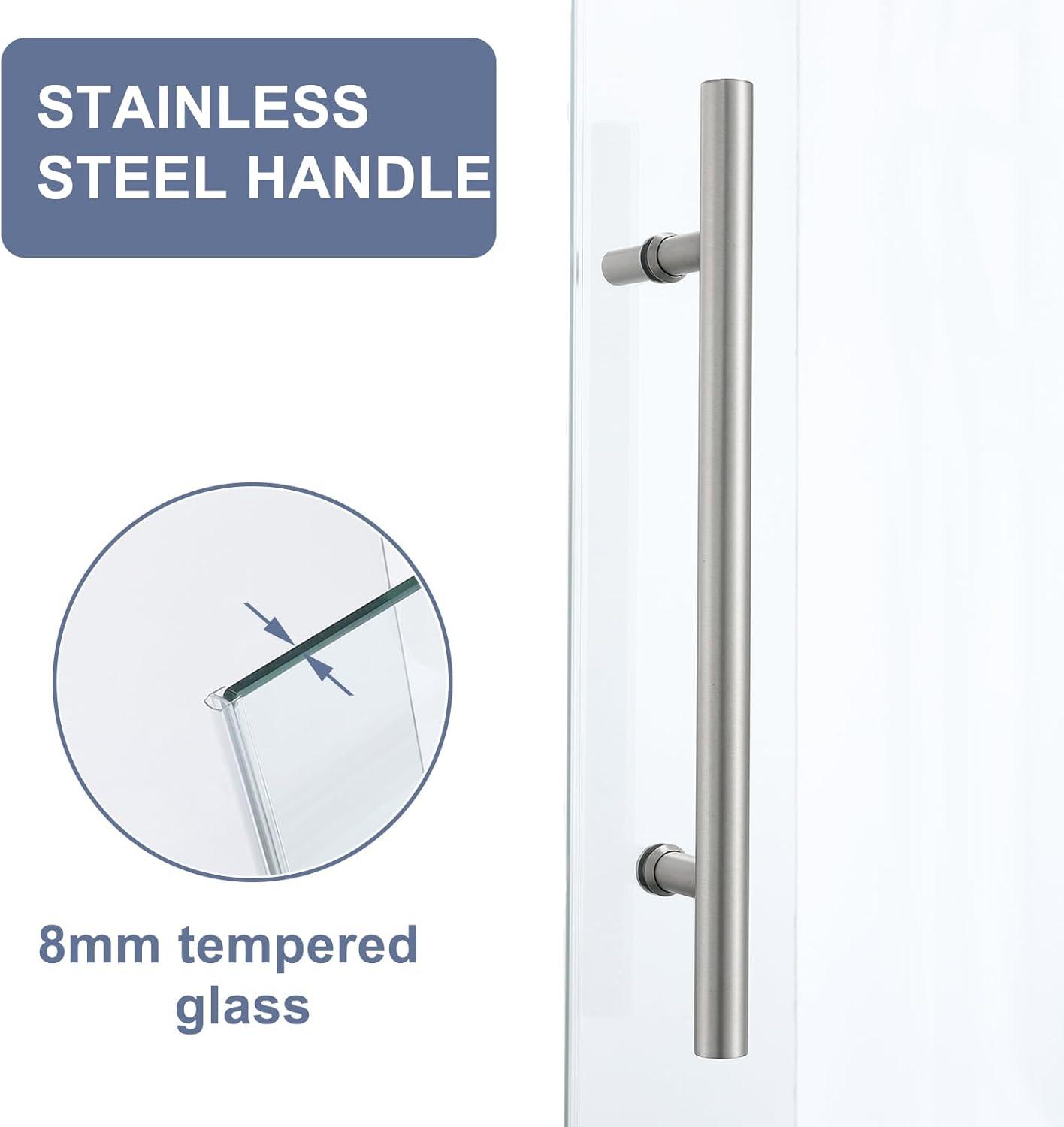 Frameless Sliding Shower Door, 76 x (44-48) Inch Frameless Shower Door, 5/16" (8mm) Clear Tempered Glass in Brushed Nickel Finish, Glass Shower Door