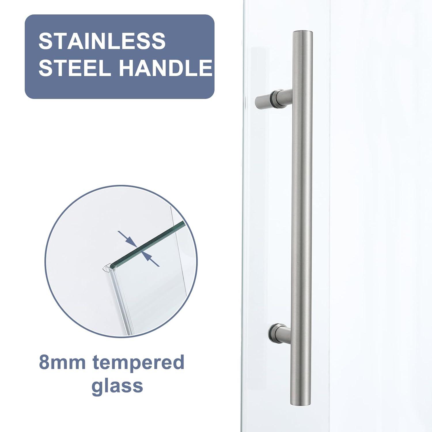Frameless Sliding Shower Door, 76 x (44-48) Inch Frameless Shower Door, 5/16" (8mm) Clear Tempered Glass in Brushed Nickel Finish, Glass Shower Door