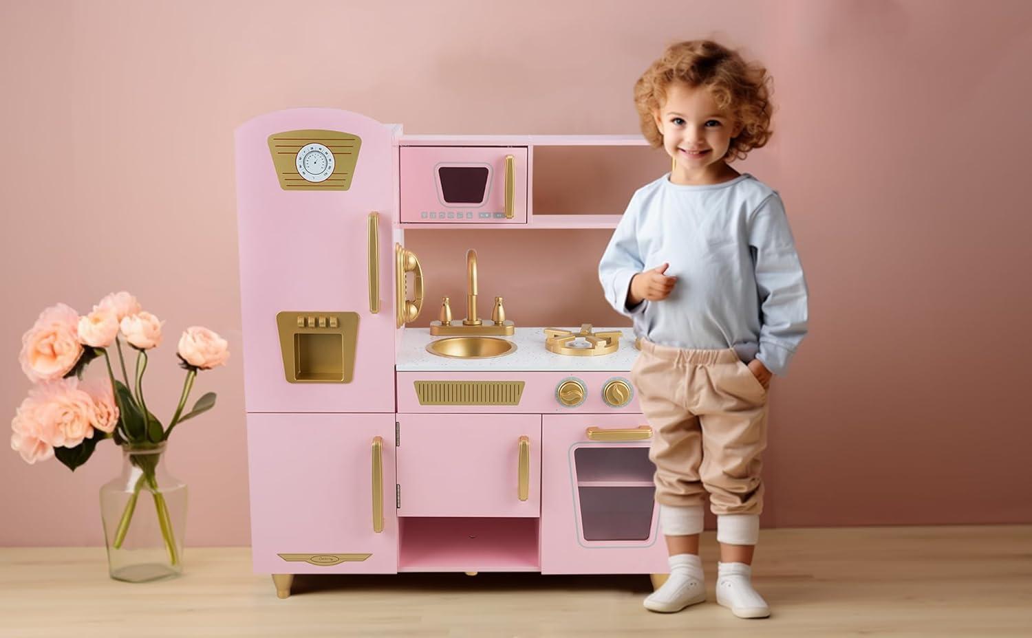 Pink Wooden Kids Kitchen Playset with Telephone and Ice Maker