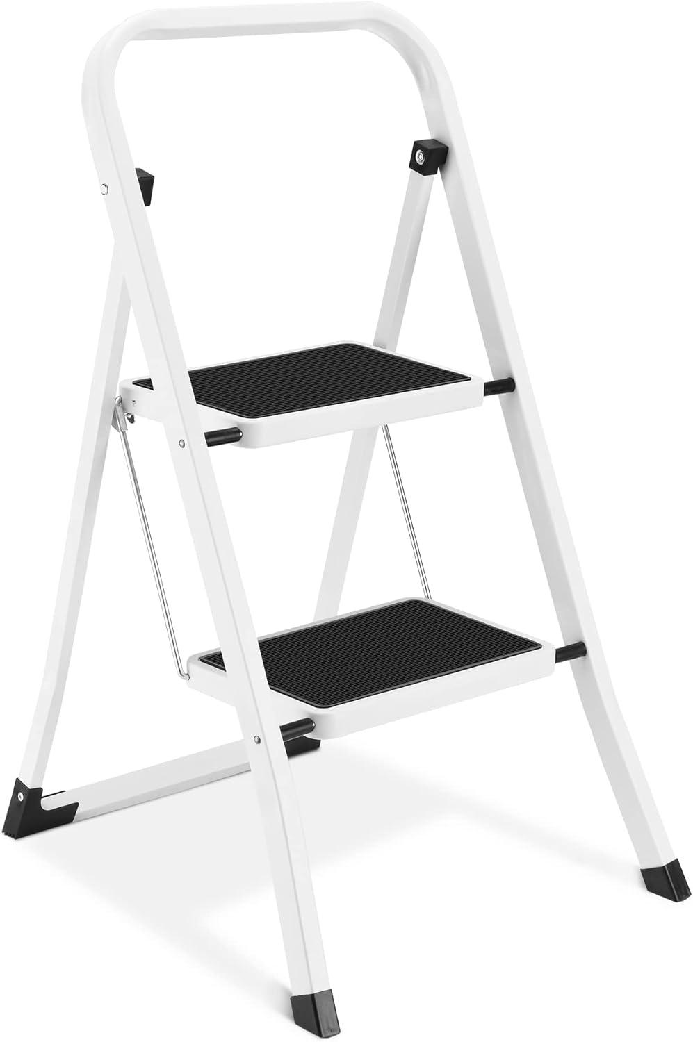 J&V TEXTILES 2 Step Ladder, Lightweight Folding Step Stools for Adults with Anti-Slip Pedal, Portable Sturdy Steel Ladder with Handrails, Perfect for Kitchen & Household, 330 lbs Capacity 2 Step