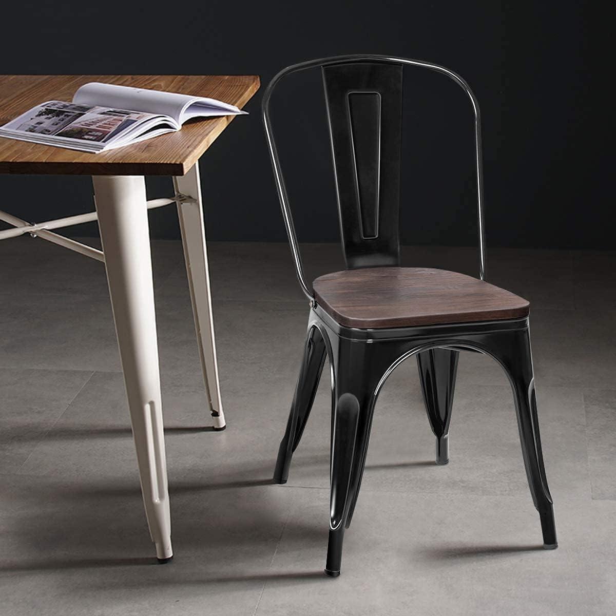 LUARANE 18 Inch Dining Chair Set of 4, Vintage Industrial Stackable Counter Metal Bar Chairs, w/High Backrest Wood Seat Surface, for Home Kitchen Cafe Bar Use (Black)