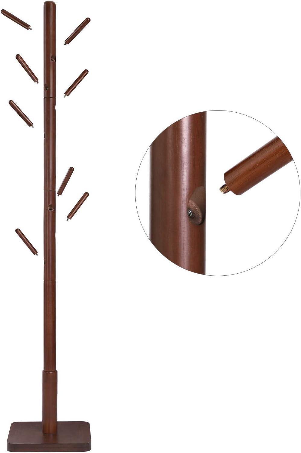 VASAGLE 8 Hooks Solid Wood Coat Rack Wood Hall Tree Coat Rack Stand with Stable Square Base 3 Height Options Office