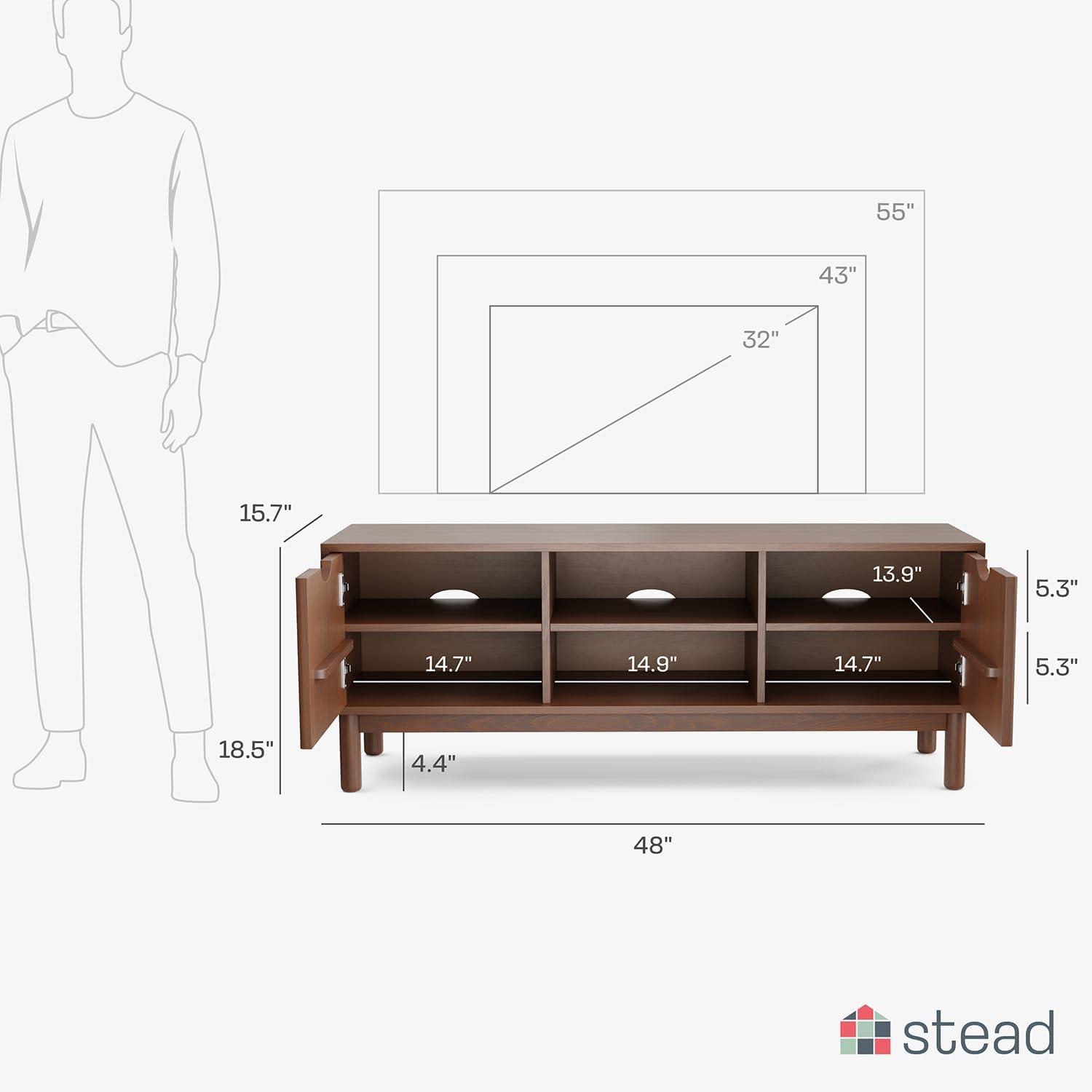 Stead Low Profile Fluted TV Stand - Mid Century Media Console - 48” Entertainment Center with Shelves and Doors, Walnut Finish