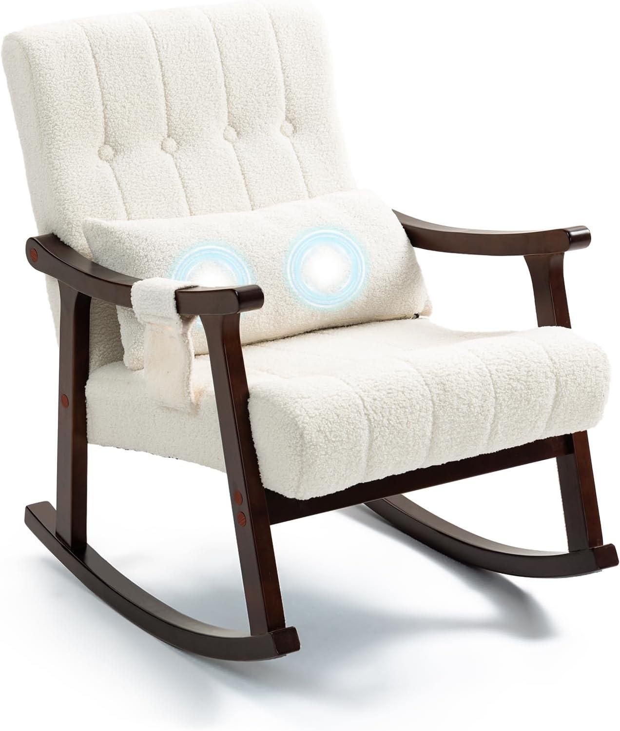 AVAWING Upholstered Rocking Chair, Small Boucle Glider Rocker with 2-Point Massage Lumbar Pillow and Solid Wood Legs, for Bedroom and Living Room, White