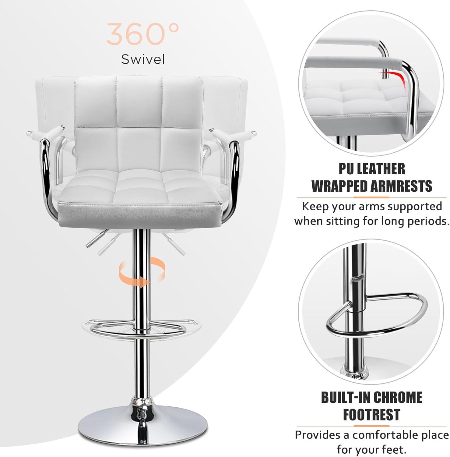 Luxvie Bar Stools Set of 2 with Back and Arms Swivel Bar Chairs Counter Height Barstools Adjustable Bar Chair for Home and Kitchen Counter(White/Silver, 2pcs)