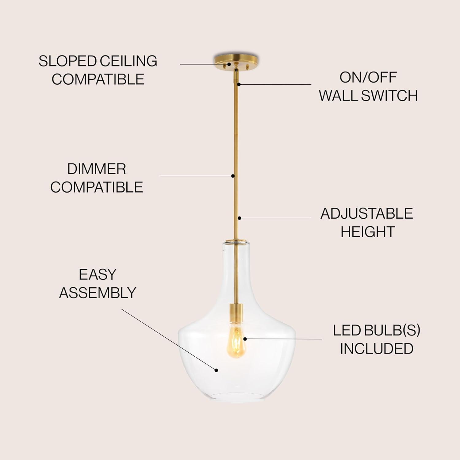 Watts 13.25" 1-Light Mid-Century Modern Iron/Glass LED Pendant, Brass Gold/Clear