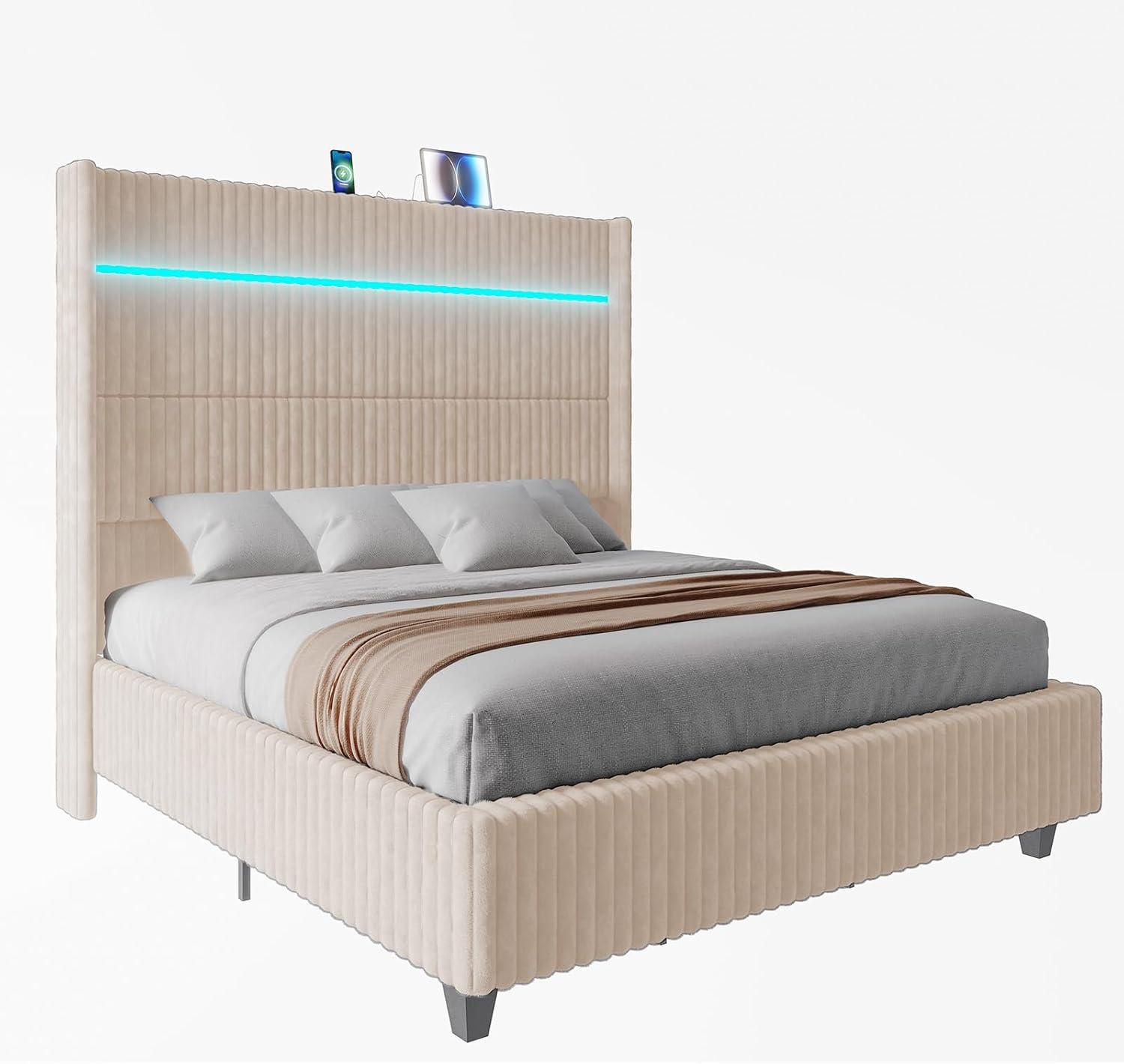 Ivy Bronx LED Bed Frame, Corduroy Upholstered Platform with 60" Tall Headboard & Charging Station