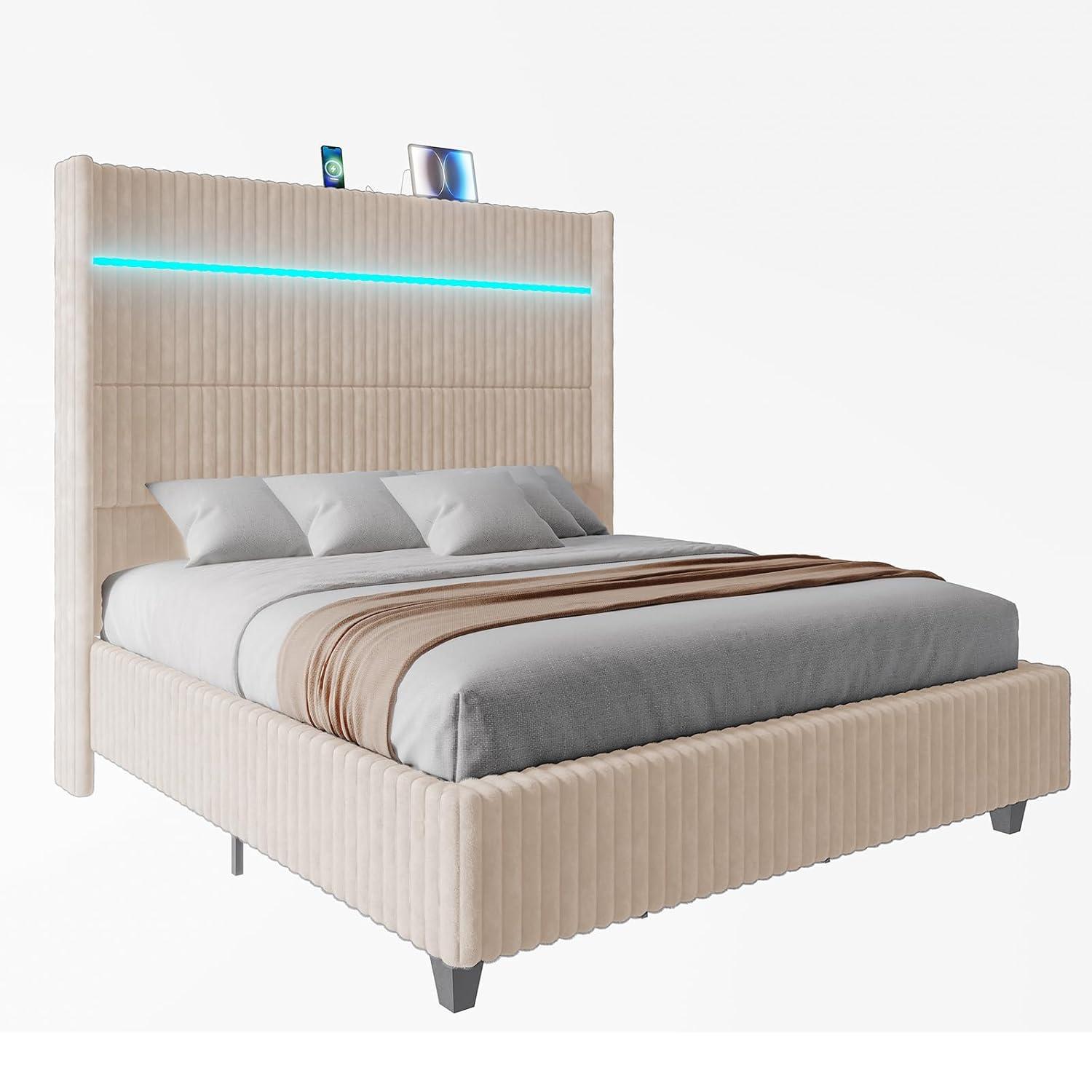Ivy Bronx LED Bed Frame, Corduroy Upholstered Platform with 60" Tall Headboard & Charging Station