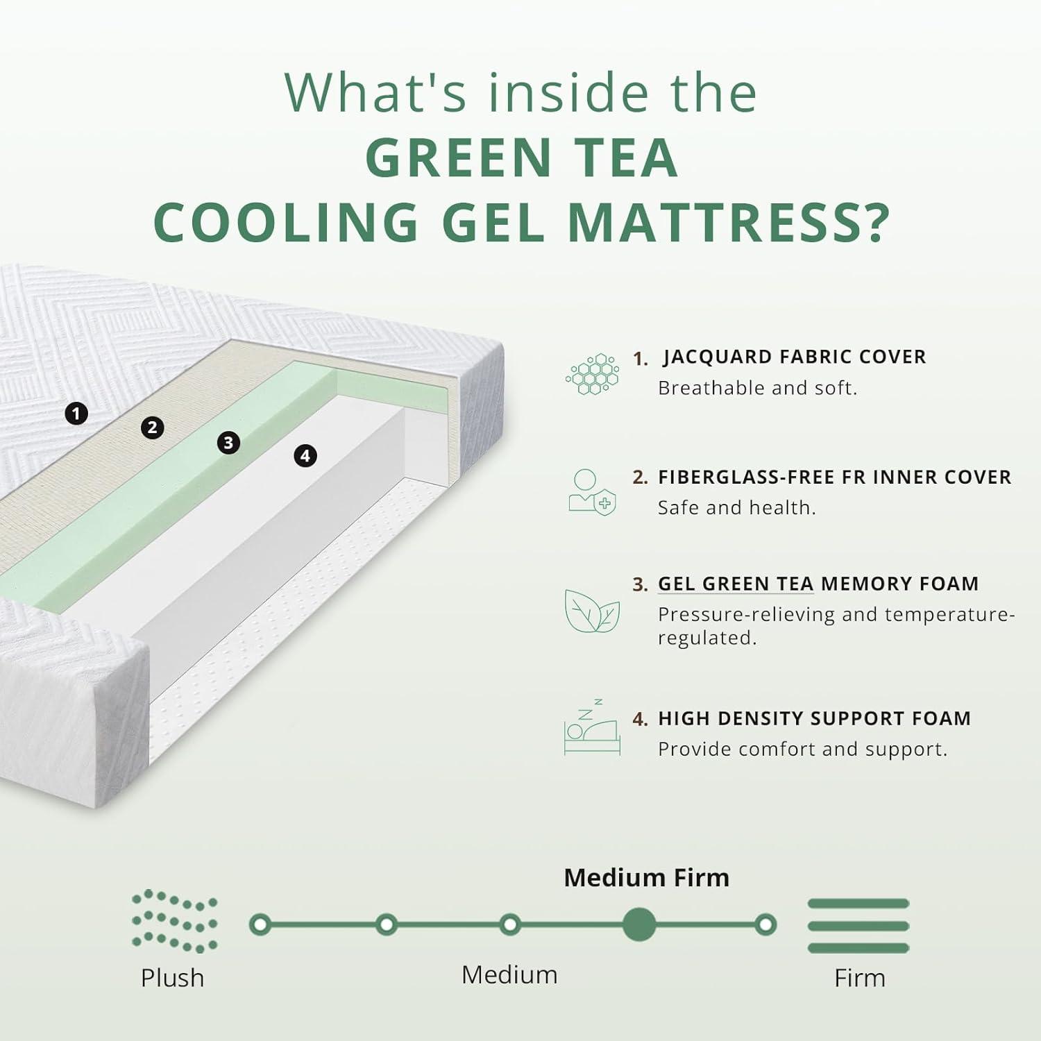 Twin Mattress - 6 Inch Green Tea Memory Foam Mattress- Twin Mattresses in a Box - CertiPUR-US Certified Fiberglass Free - Gel Layer - Medium Firm - 75" x 38"