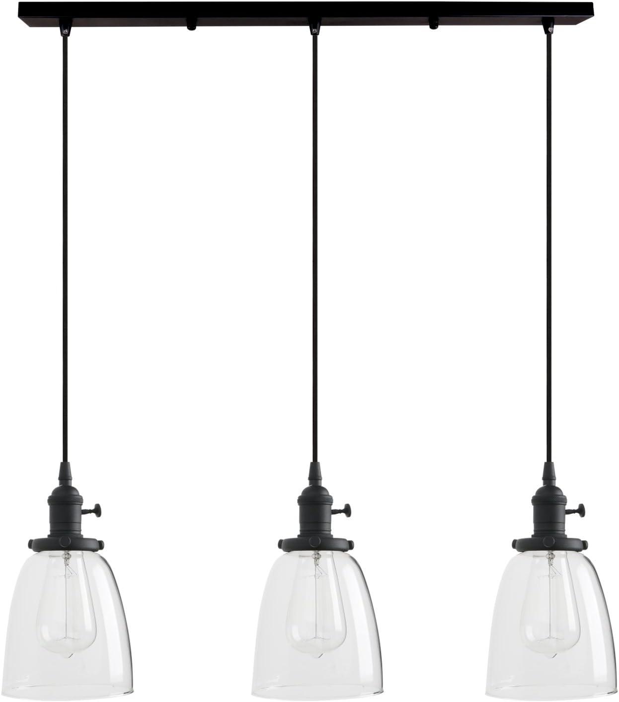 PERMO Vintage Rustic Industrial 3-Lights Kitchen Island Chandelier Triple 3 Heads Pendant Hanging Ceiling Lighting Fixture with Funnel Flared Clear Glass Shade (Black)