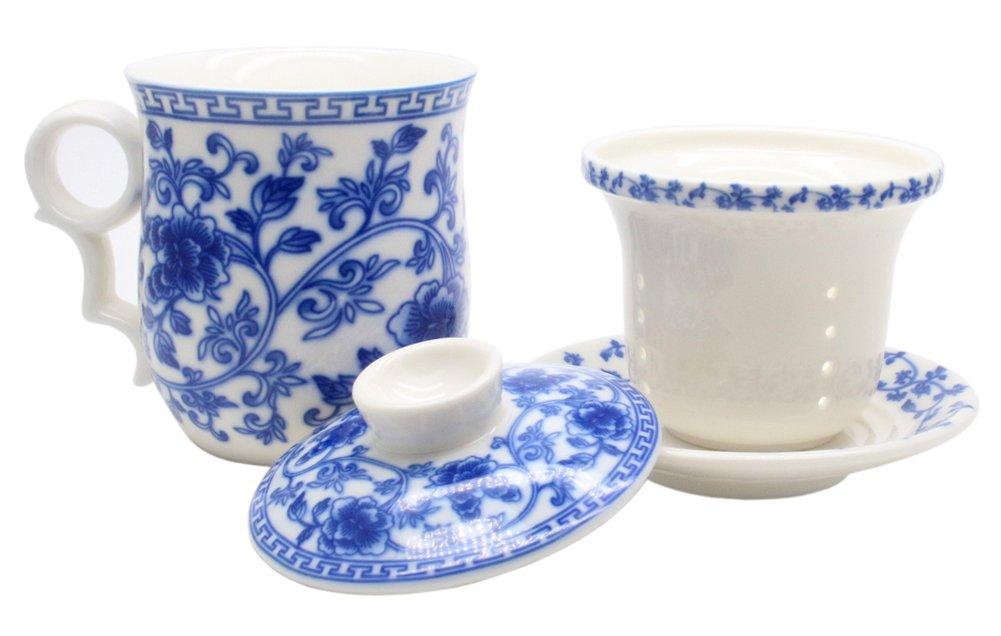 Porcelain Tea Cup with Infuser Lid and Saucer Sets - Chinese Jingdezhen Ceramics Coffee Mug Teacup Loose Leaf Tea Brewing System for Home Office