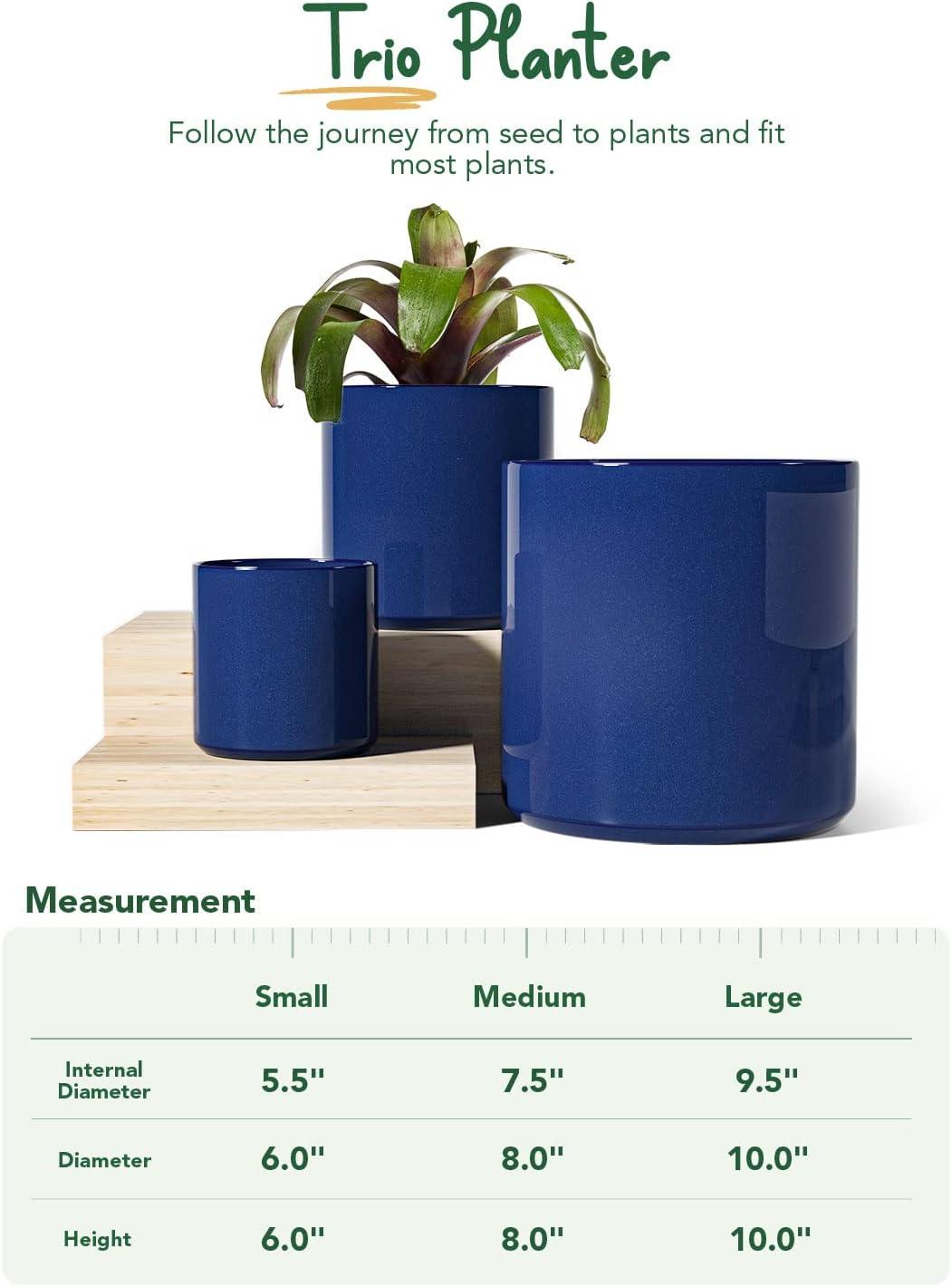 Sapphire Blue Ceramic Indoor Planter Set with Drainage, 10/8/6 Inch