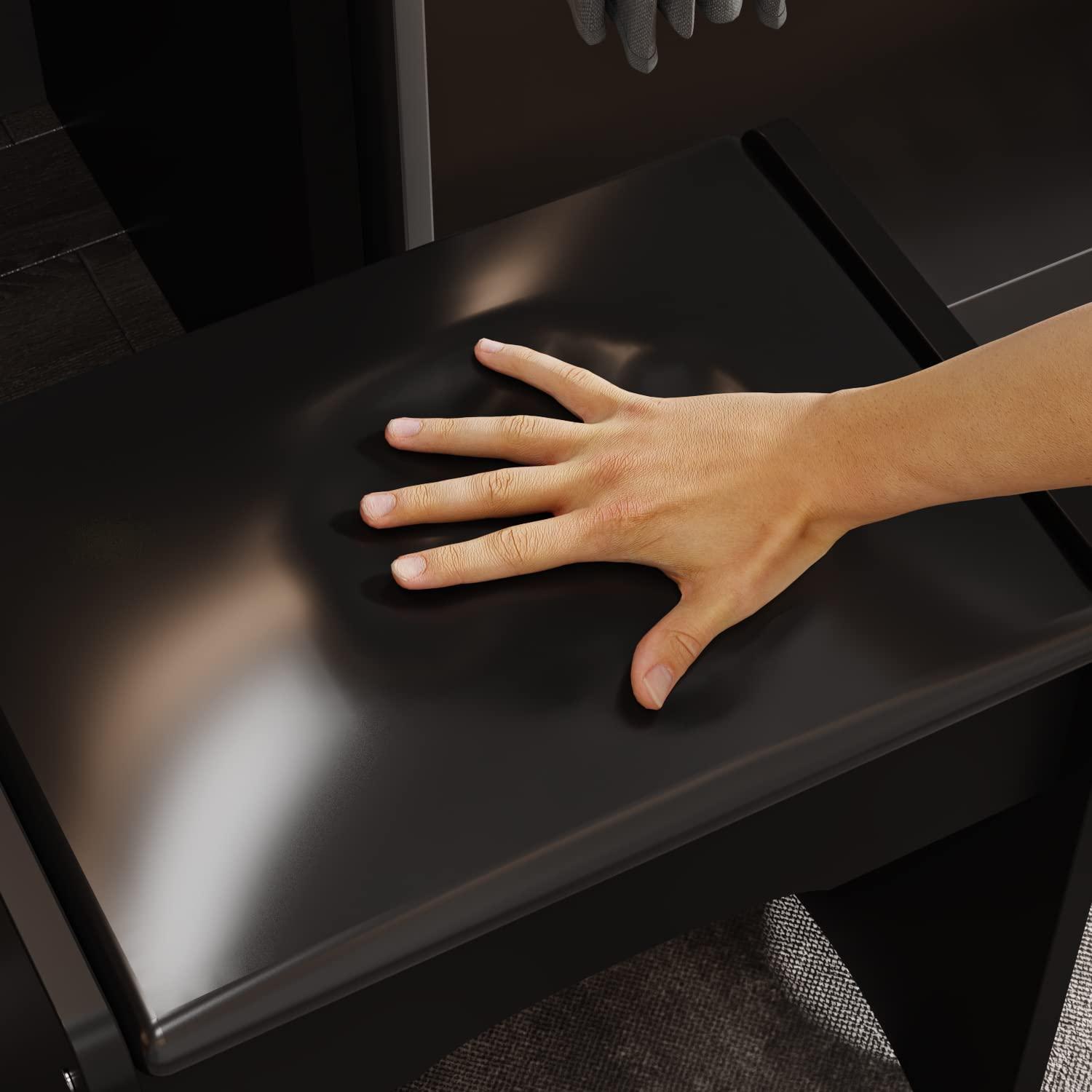 FUFU&GAGA Black Vanity Set with Round Lighted Mirror, Makeup Vanity Dressing Table with 5 Drawers, Shelves, Dresser Desk and Cushioned Stool