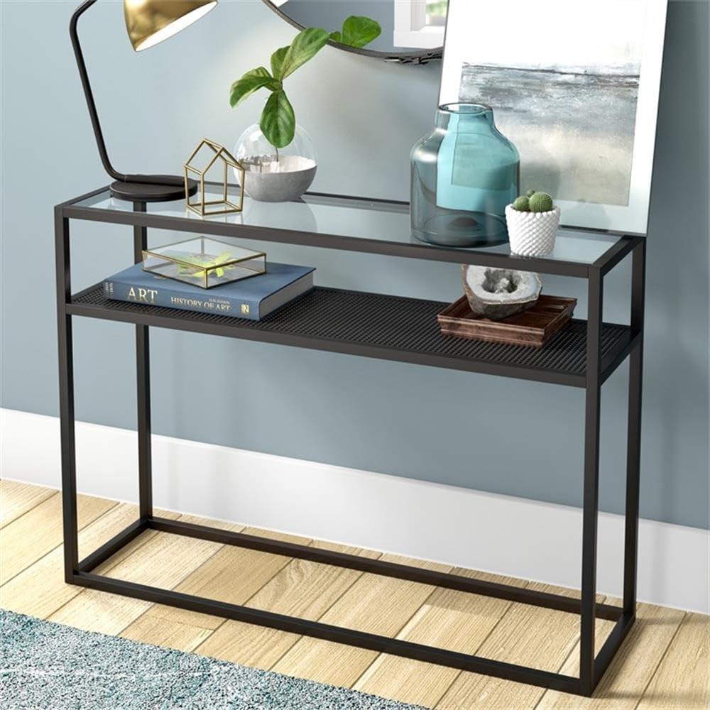 Evelyn&Zoe Nellie 42" Wide Rectangular Console Table with Metal Mesh Shelf, Blackened Bronze